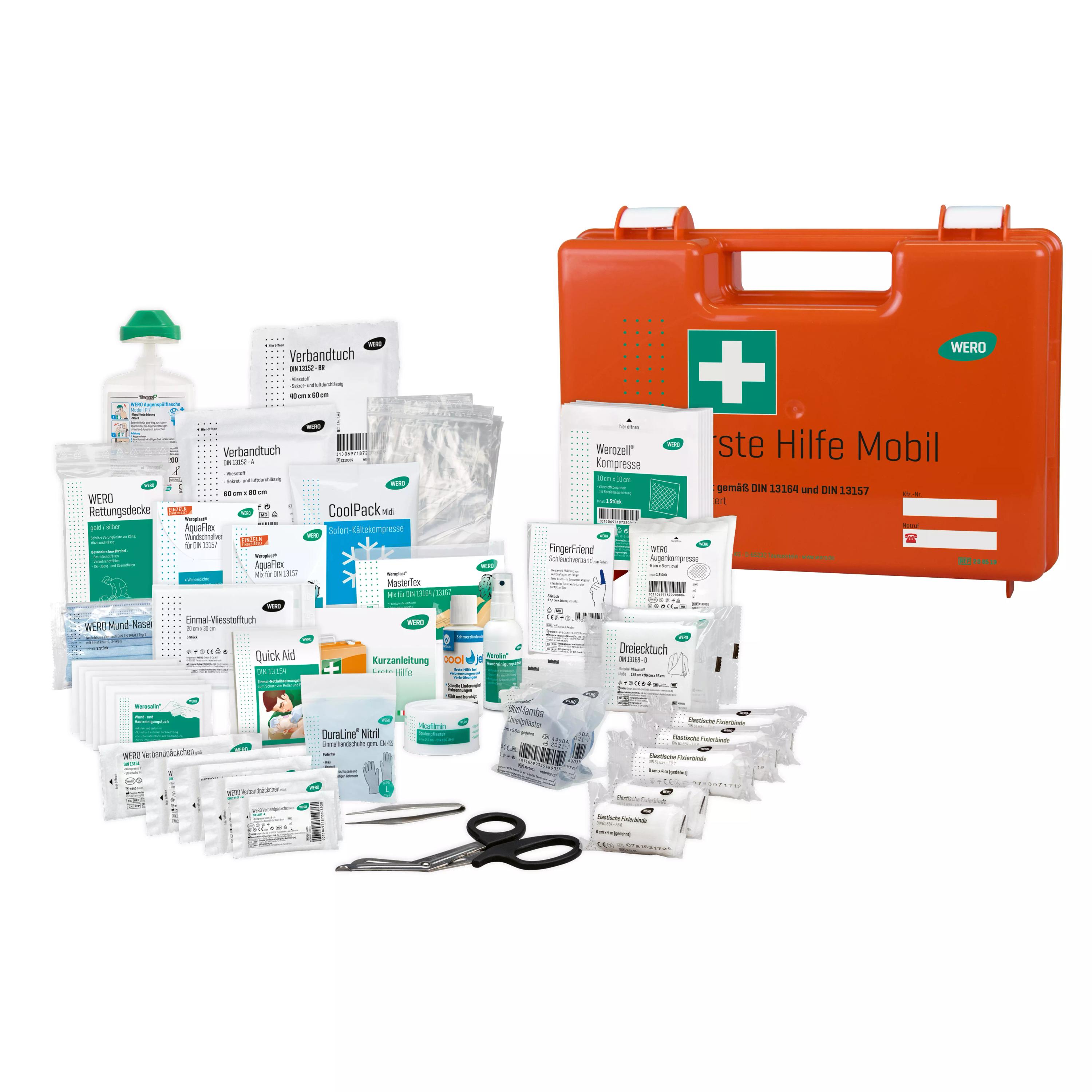 Ein orangefarbener WERO Erste Hilfe Mobil - DIN 13164 und DIN 13157 Koffer mit Werolin Wundreinigungsspray, BlueMamba Schnellpflaster und FingerFriend Verband ist geöffnet.