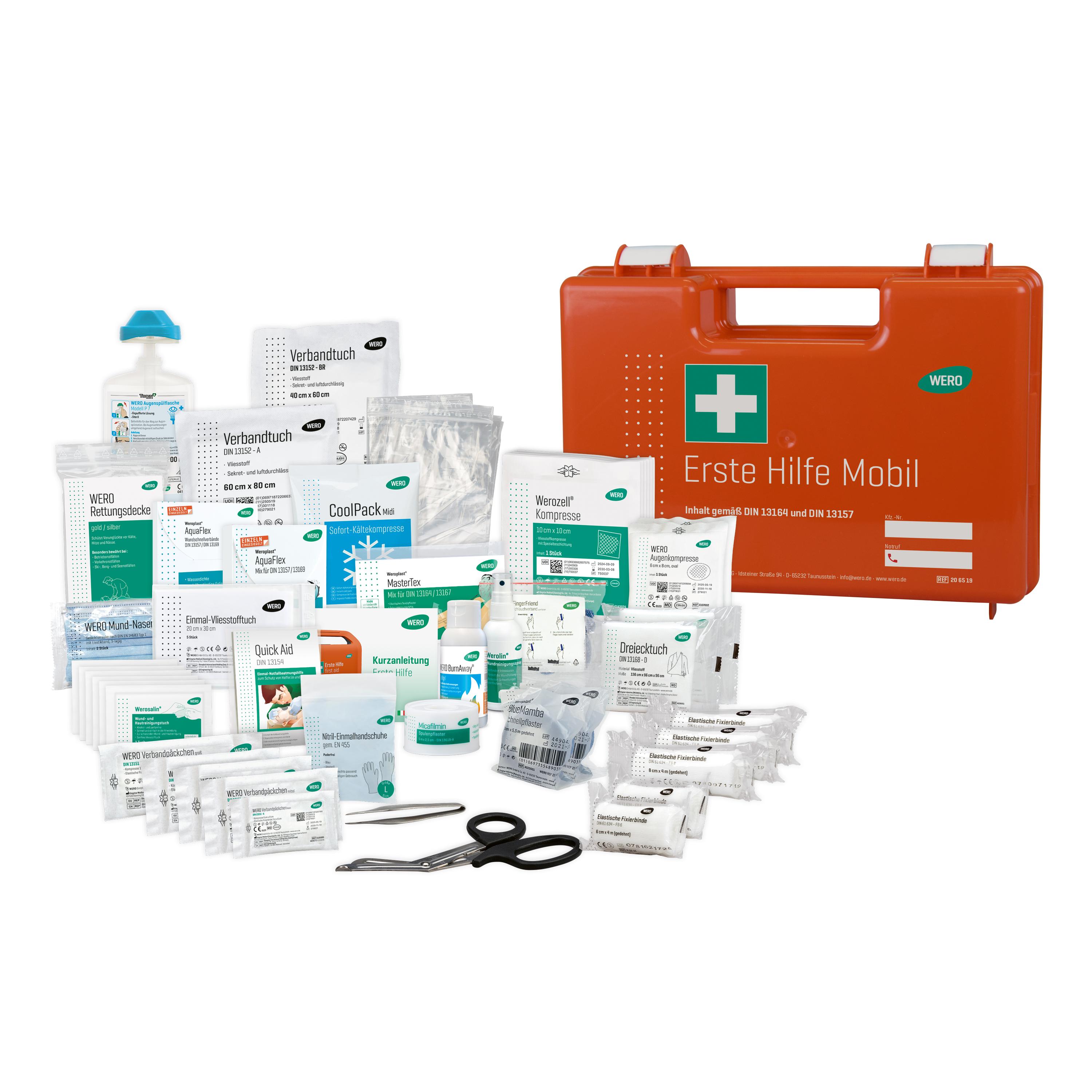 Ein orangefarbener WERO Erste Hilfe Mobil - DIN 13164 und DIN 13157 Koffer mit Werolin Wundreinigungsspray, BlueMamba Schnellpflaster und FingerFriend Verband ist geöffnet.