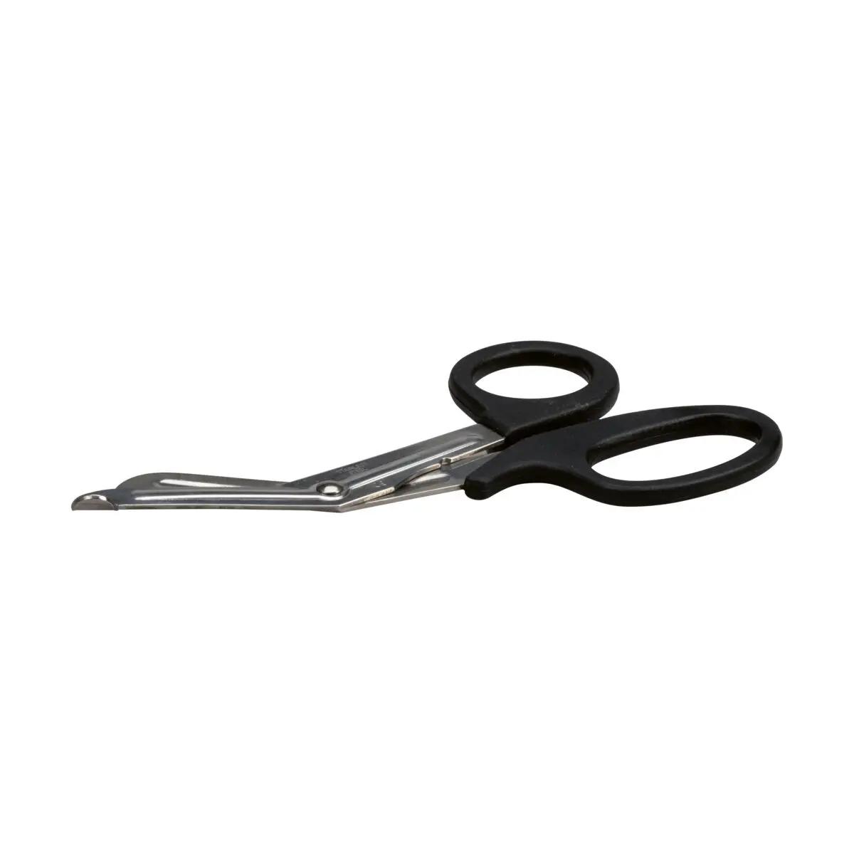 Universalschere DIN 58279 - 19 cm mit schwarzen Kunststoffgriffen und silbernen, leicht gebogenen Metallklingen, geöffnet im Bildzentrum platziert.
