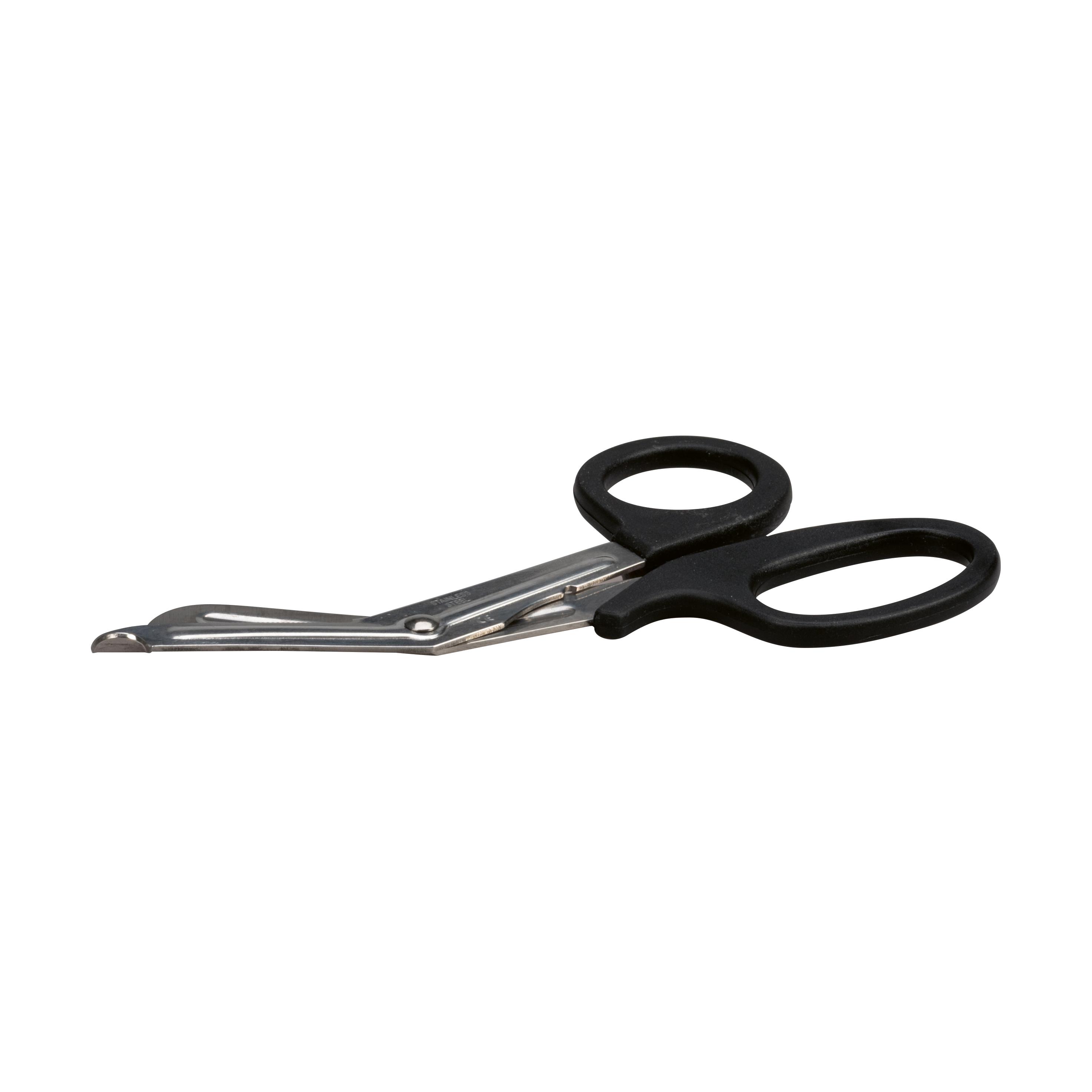 Universalschere DIN 58279 - 19 cm mit schwarzen Kunststoffgriffen und silbernen, leicht gebogenen Metallklingen, geöffnet im Bildzentrum platziert.