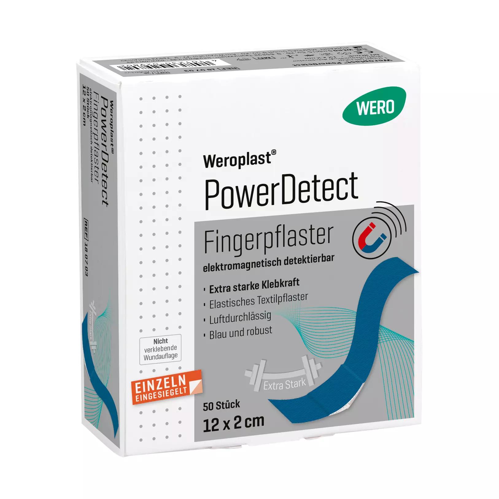 Box mit Weroplast PowerDetect Fingerflaster, 50 Stück, weiß mit grau-blauer Gestaltung, extra starke Klebkraft und elektromagnetisch detektierbar.