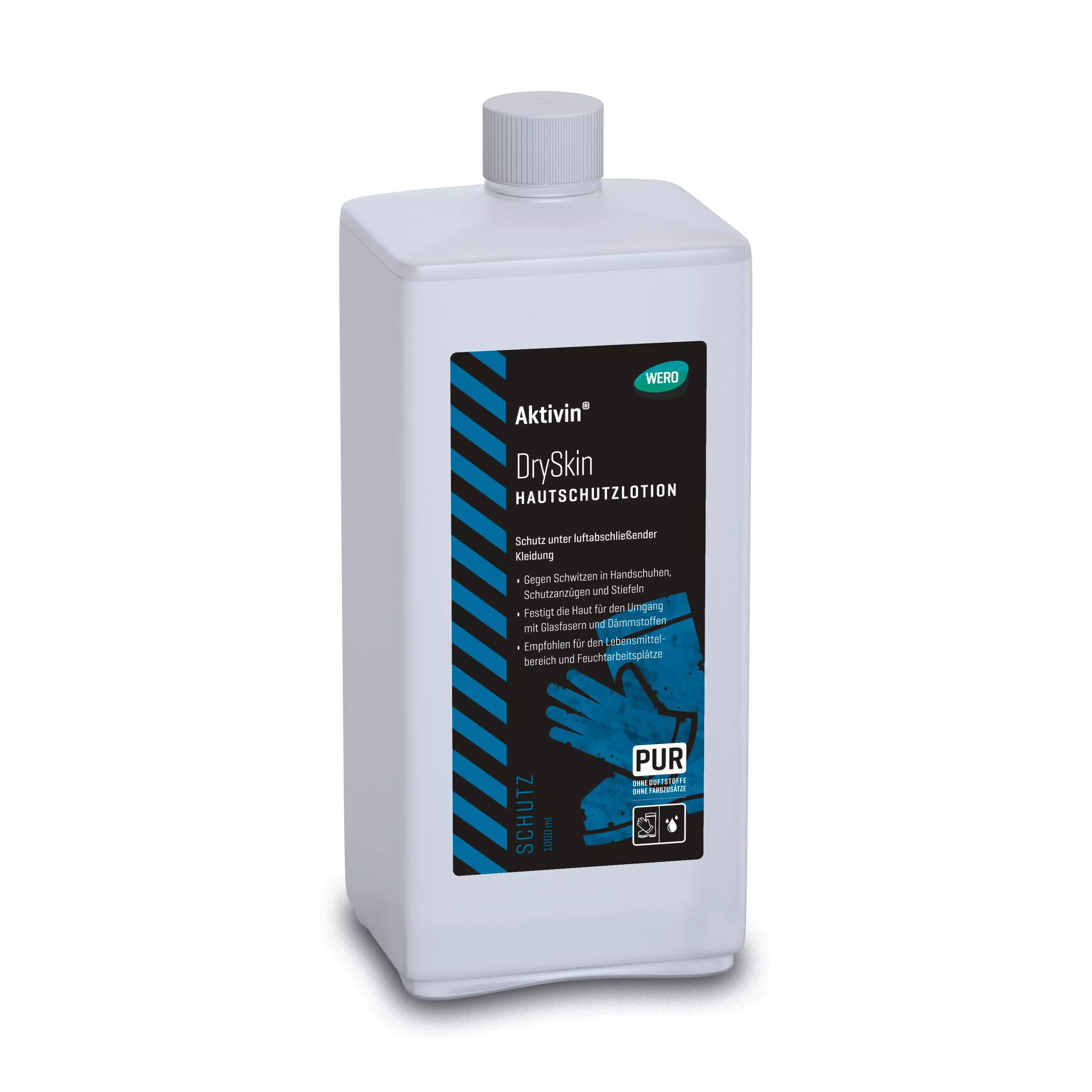 Eine weiße Flasche Hautschutzlotion Aktivin® DrySkin, 1.000 ml, mit blauer PUR-Aufschrift, Handschuh-Symbol und Schutzhinweis auf dem Etikett.