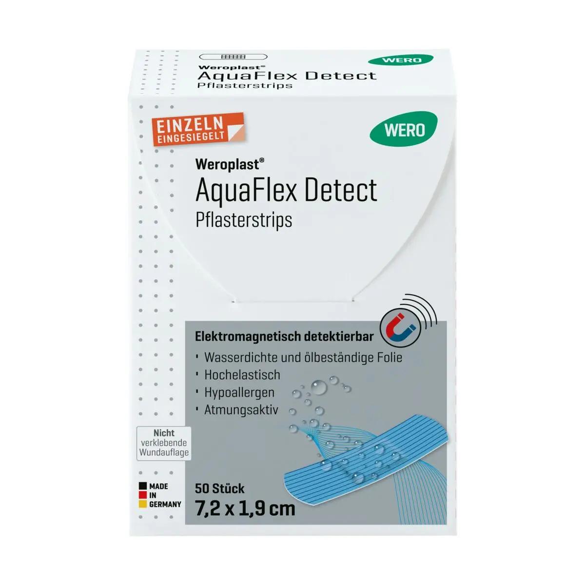 Auf der Verpackung der Weroplast® AquaFlex Detect Pflasterstrips sind die blaue, wasserdichte PU-Trägerfolie, elektromagnetische Detektierbarkeit und atmungsaktive Eigenschaften hervorgehoben.