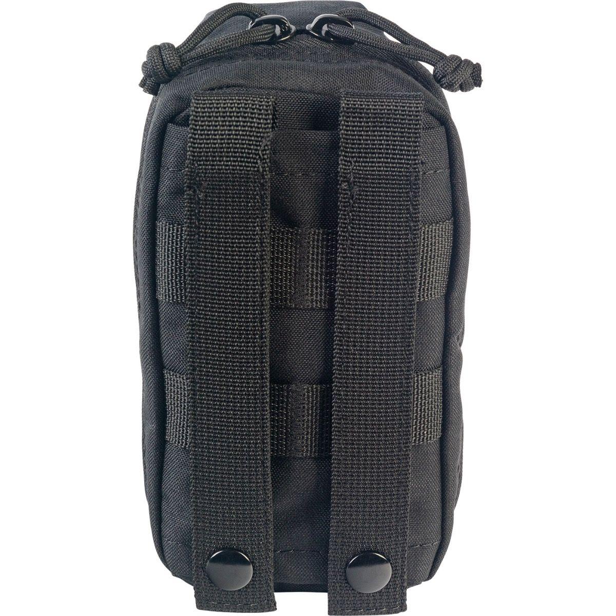 NAR ROO M-FAK Tasche aus schwarzem, robustem Material mit verstellbaren Riemen und Druckknöpfen, Rückansicht ohne Inhalt.