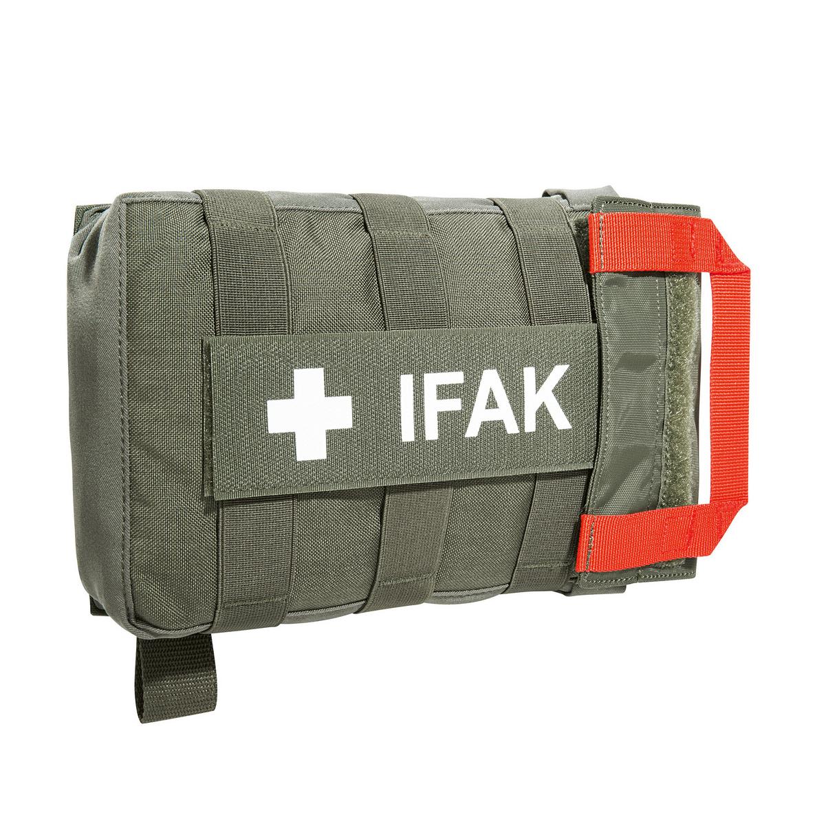 Ein rechteckiges TT IFAK Pouch VL L IRR Erste-Hilfe-Set aus IRR-beschichtetem CORDURA®, mit weißem Kreuz und rotem Griff sowie seitlichem Reißverschluss.
