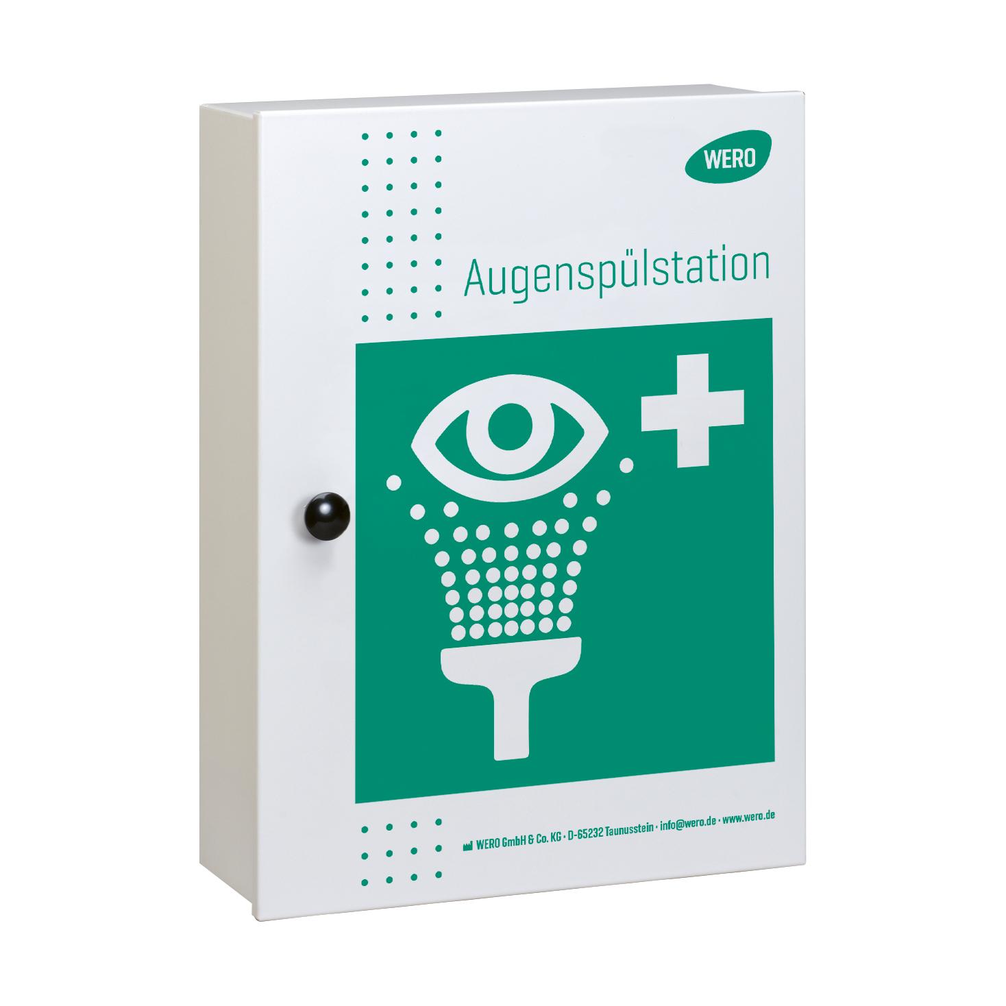 Ein WERO Augenspülstation ProTect, leer, mit grünem Deckel, weißen Griffen, Augensymbol und deutlicher deutscher Beschriftung.