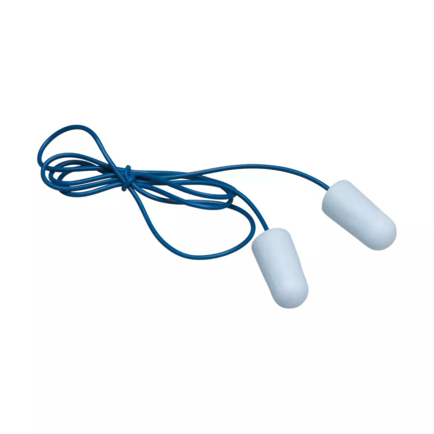 Zwei weiße 3M™ E-A-Rsoft™ - Metalldetektierbare Einweggehörschutzstöpsel mit blauer Kordel und leicht strukturierter Oberfläche liegen nebeneinander.