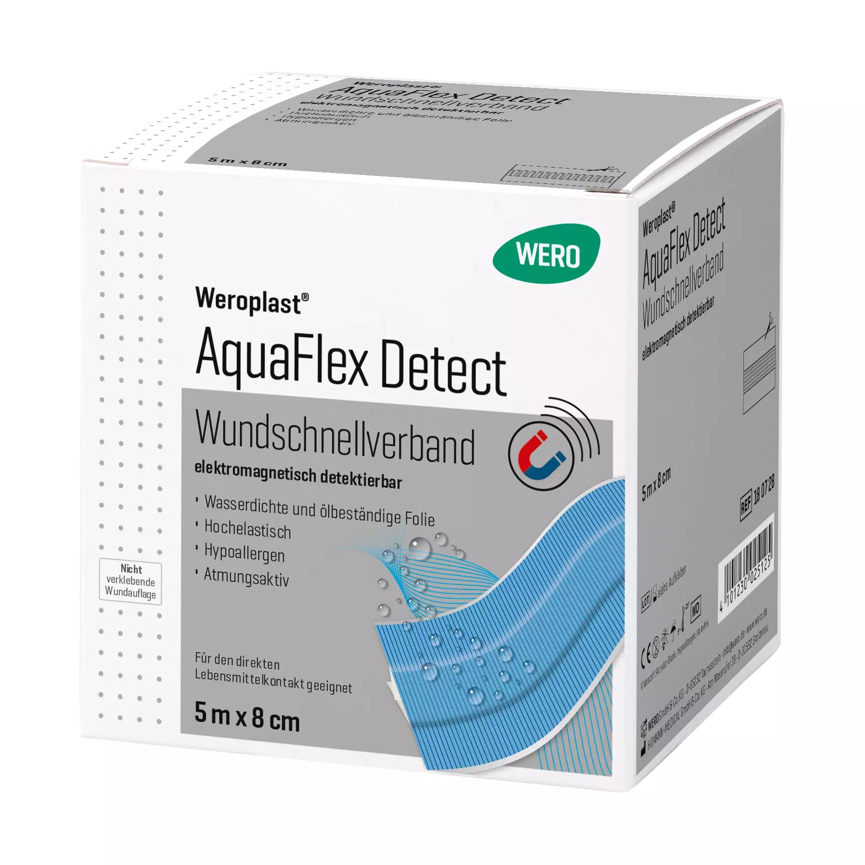 Weroplast® AquaFlex Detect Wundschnellverband in blauer Box, Größe 8 cm x 5 m, mit wasserdichter PU-Folie und detektierbarer Aluminiumfolie.