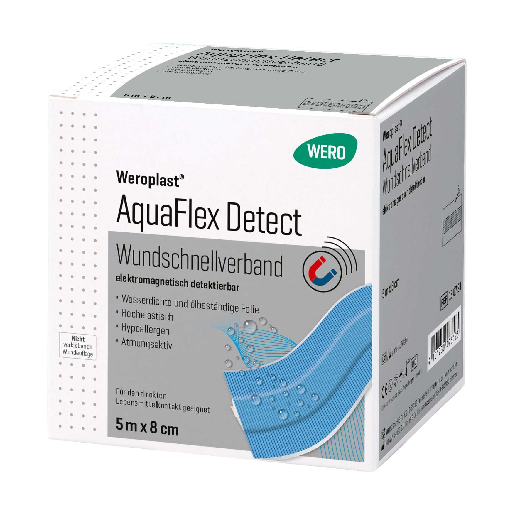 Weroplast® AquaFlex Detect Wundschnellverband in blauer Box, Größe 8 cm x 5 m, mit wasserdichter PU-Folie und detektierbarer Aluminiumfolie.