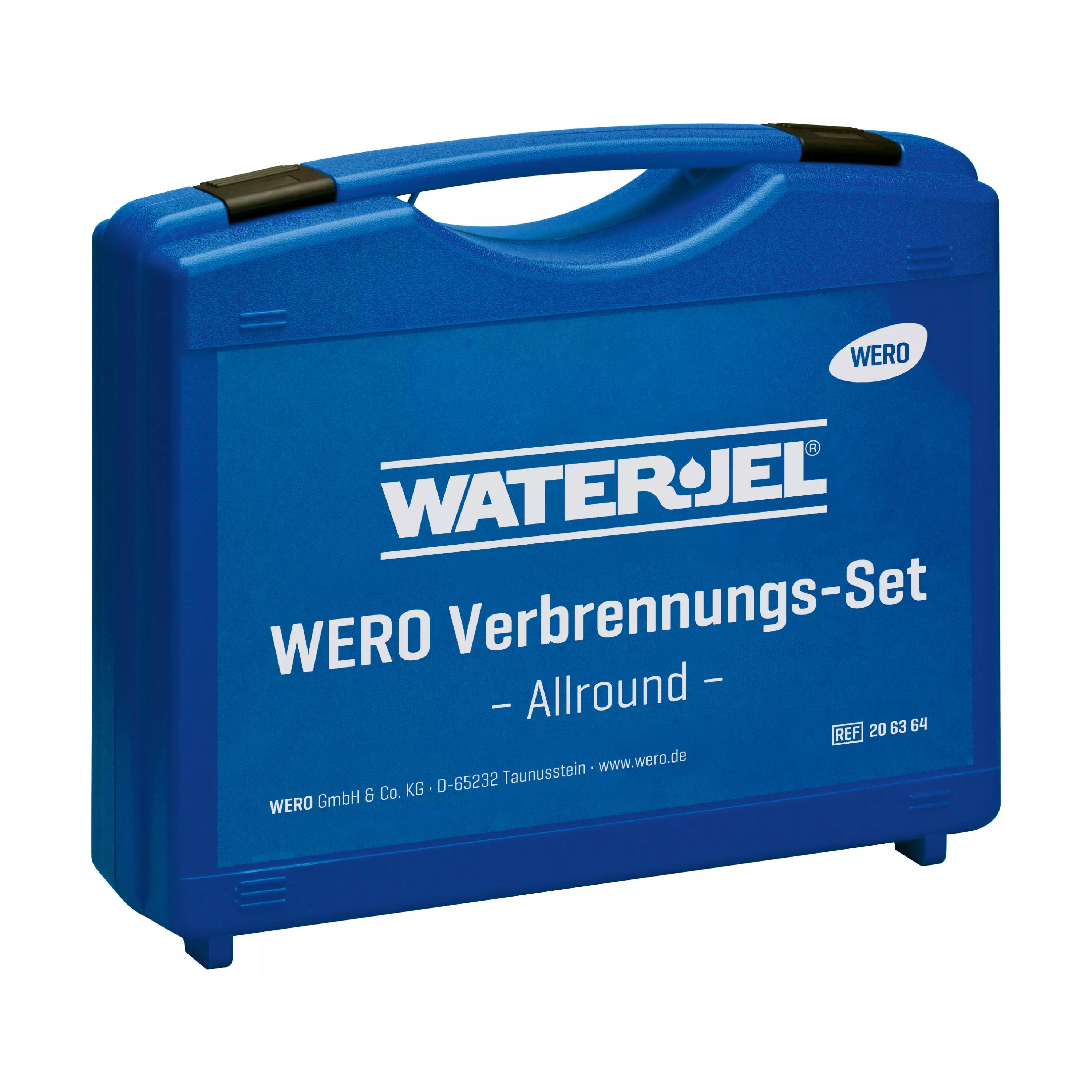 Blauer Koffer WERO Verbrennungs-Set, Allround mit Griff und Rollen, sichtbarem Label, wassergekühlt, enthält COOL JEL Gel und Gesichtskompressen.