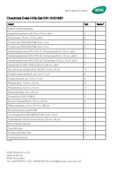 Grüne und weiße Erste-Hilfe-Set Checkliste nach DIN 13157:2021 mit Spalten zu Anforderungen und Inhalten, ausgestellt von WERO GmbH & Co. KG