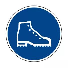 Blaues Rundschild mit weißem Bootsymbol und seitlichen Löchern, Gebotszeichen: Sicherheitsschuhe benutzen, Durchmesser 200 mm.