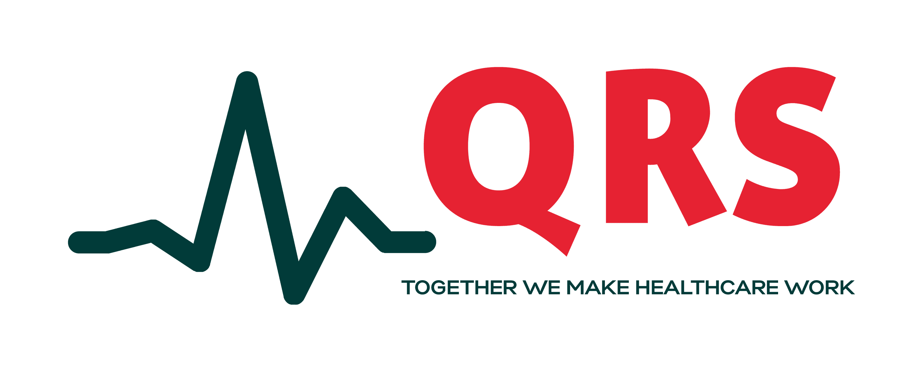 QRS Logo mit rotem Schriftzug und türkisfarbener EKG-Linie, darunter Slogan zur Zusammenarbeit im Gesundheitswesen