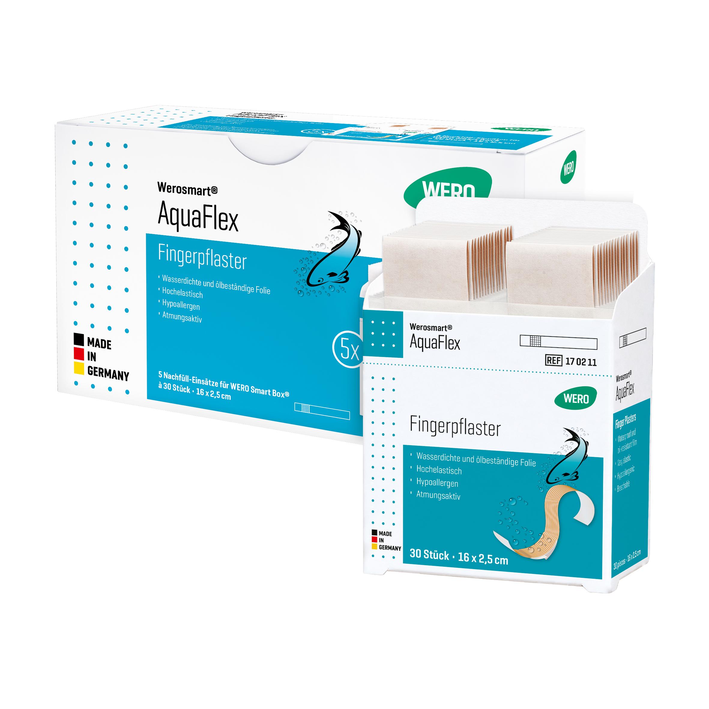 Zwei Boxen Werosmart® AquaFlex Pflasterspender-Einsätze Fingerpflaster mit blauer Beschriftung und Fischmotiv stehen nebeneinander.