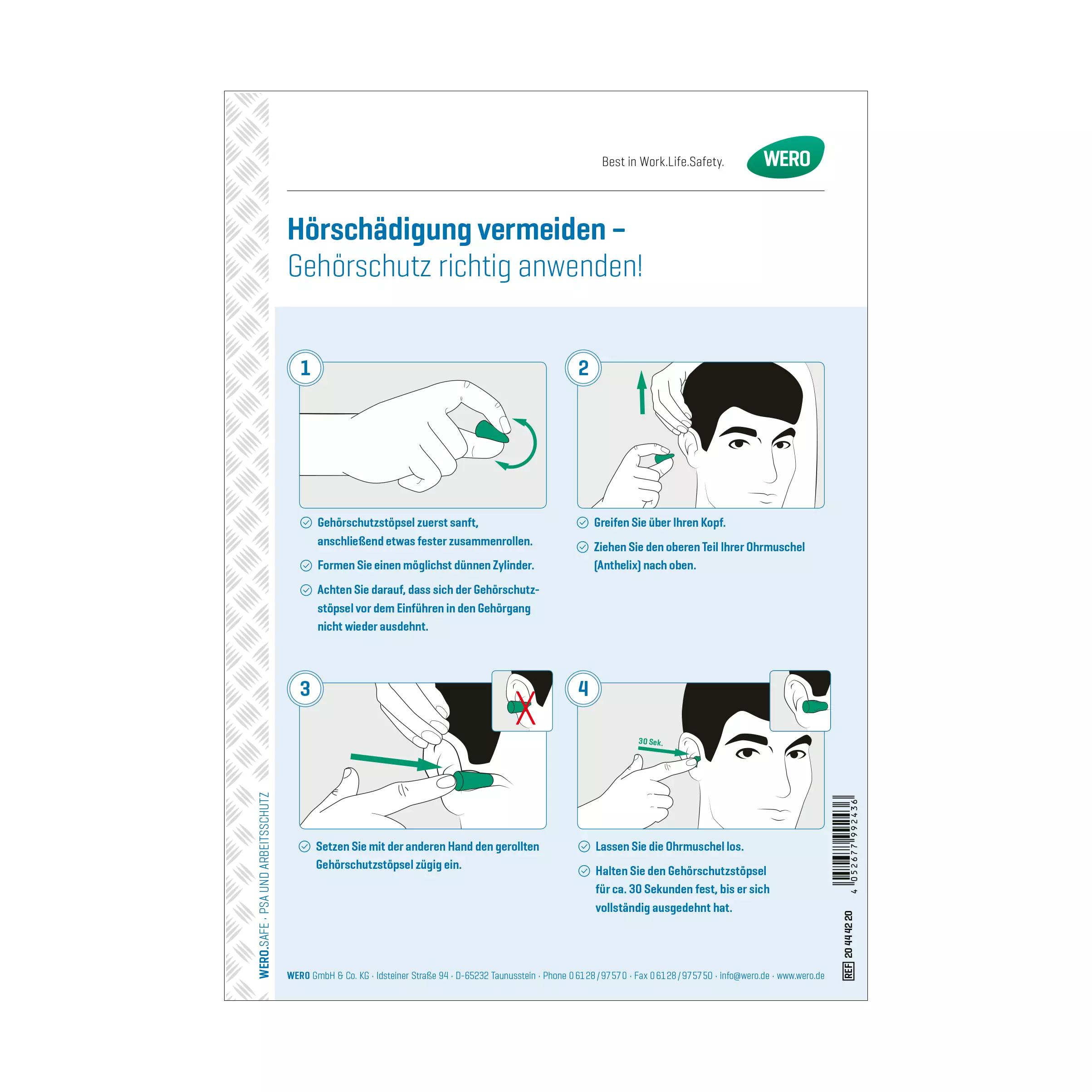 Plakat WERO Hinweisschild „Gehörschutz richtig anwenden!“ mit vier Illustrationen zur korrekten Anwendung von Gehörschutzstöpseln.