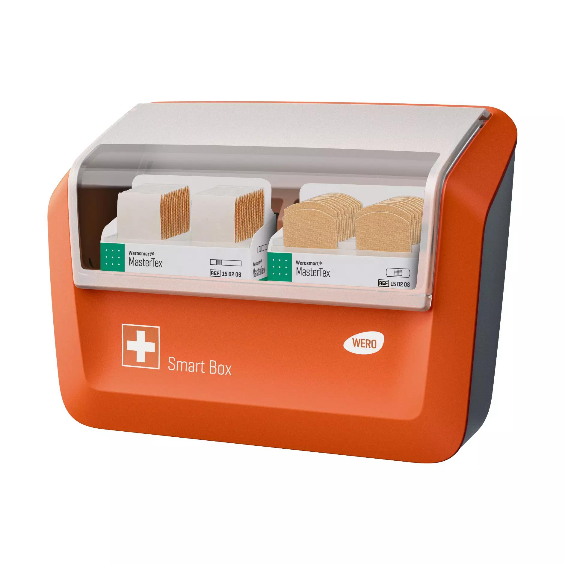 WERO Smart Box® Pflasterspender, gefüllt mit MasterTex Pflasterstrips und Fingerpflaster aus textilem, anpassungsfähigem und luftdurchlässigem Gewebe.