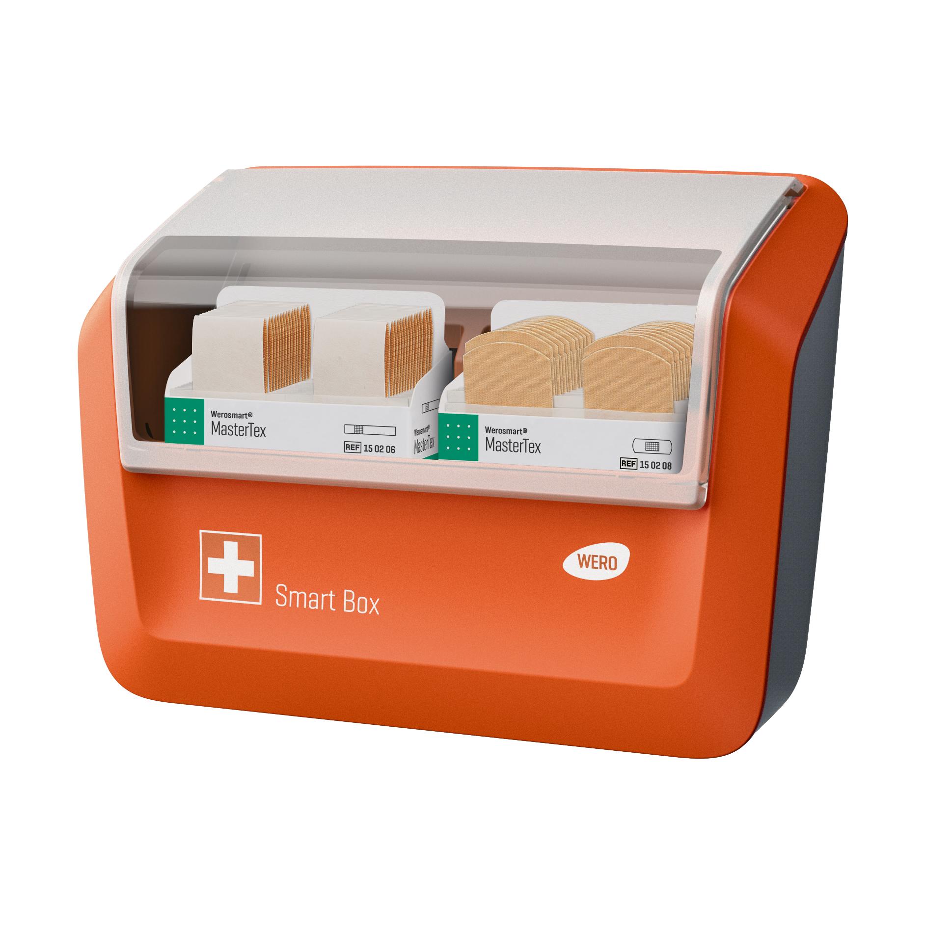 WERO Smart Box® Pflasterspender, gefüllt mit MasterTex Pflasterstrips und Fingerpflaster aus textilem, anpassungsfähigem und luftdurchlässigem Gewebe.