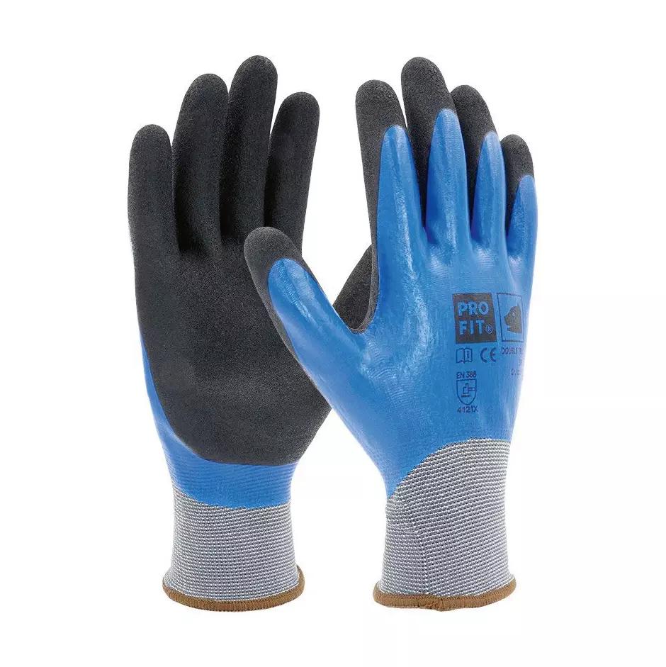 Zwei blau-schwarze Montagehandschuhe Double Tril, 12 Paar - 8, zeigen eine strukturierte Rückseite mit verstärktem Zeigefinger und Daumenschutz.