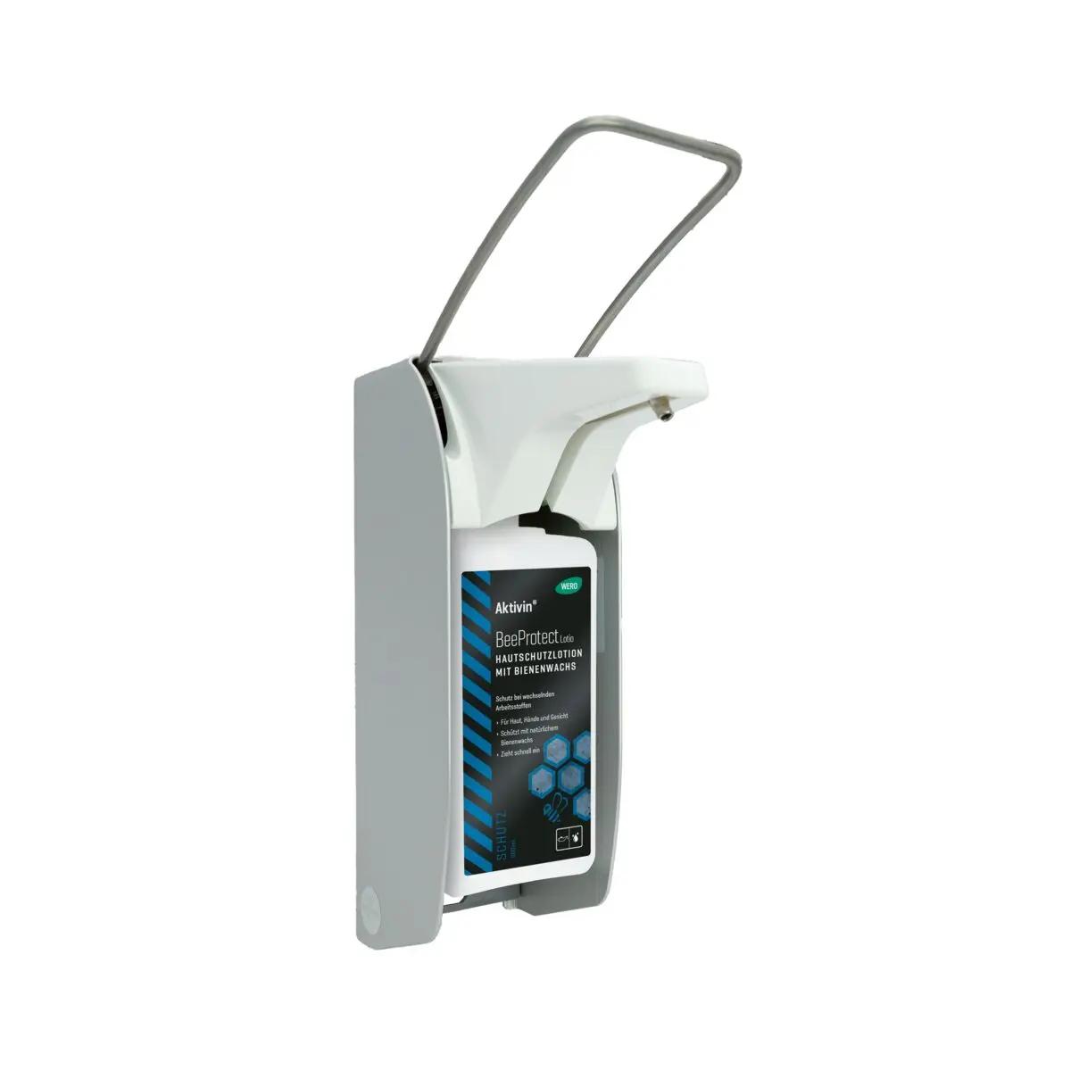 Weißer ALU-Direktspender für Flüssigseifen und Lotionen mit schwarzer Kappe, 500 ml, sichtbar montiert auf grauem Standfuß.