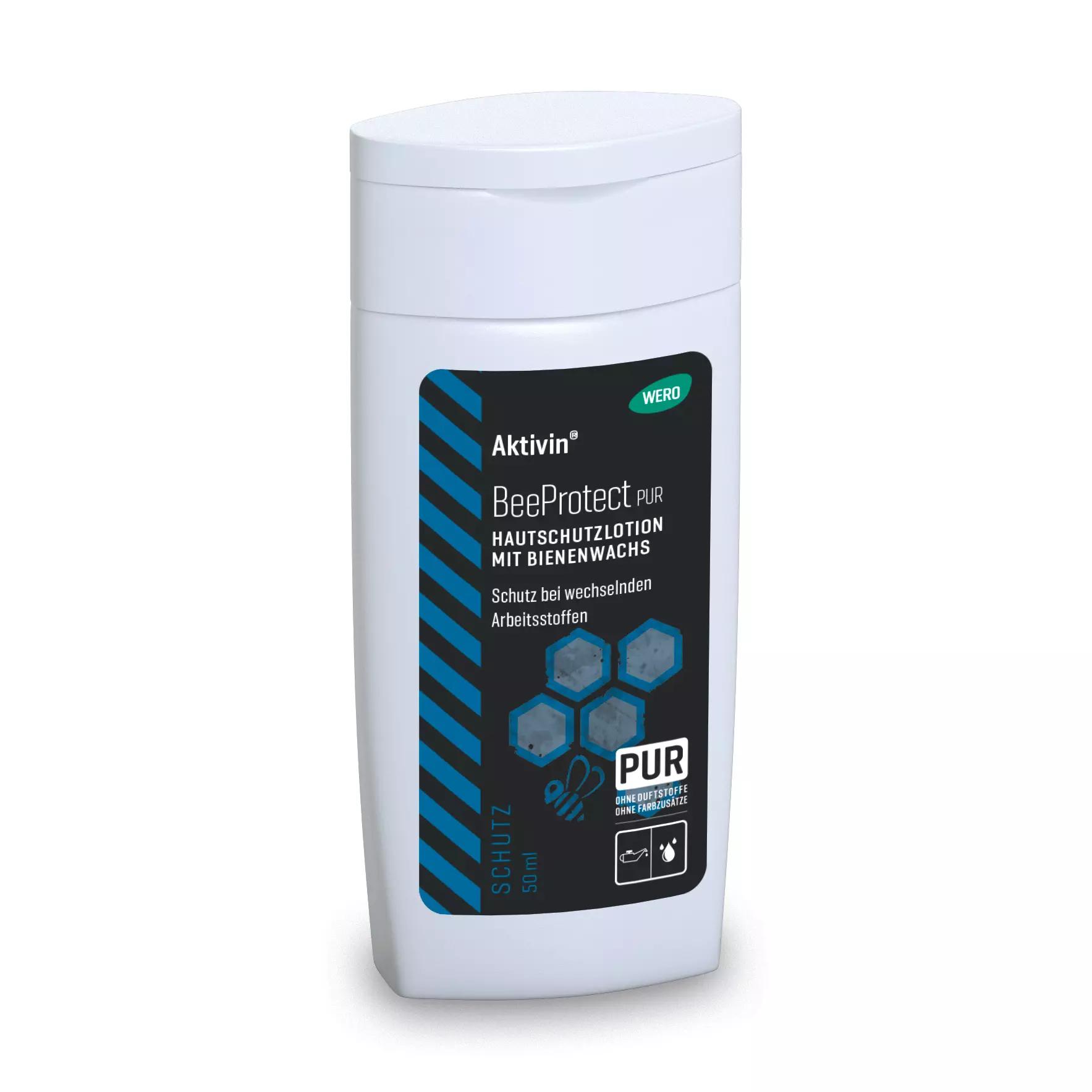 Weiße Flasche Hautschutzlotion Aktivin® BeeProtect PUR mit schwarzem Etikett, 50 ml, parfüm- und farbstofffrei, enthält natürliches Bienenwachs.