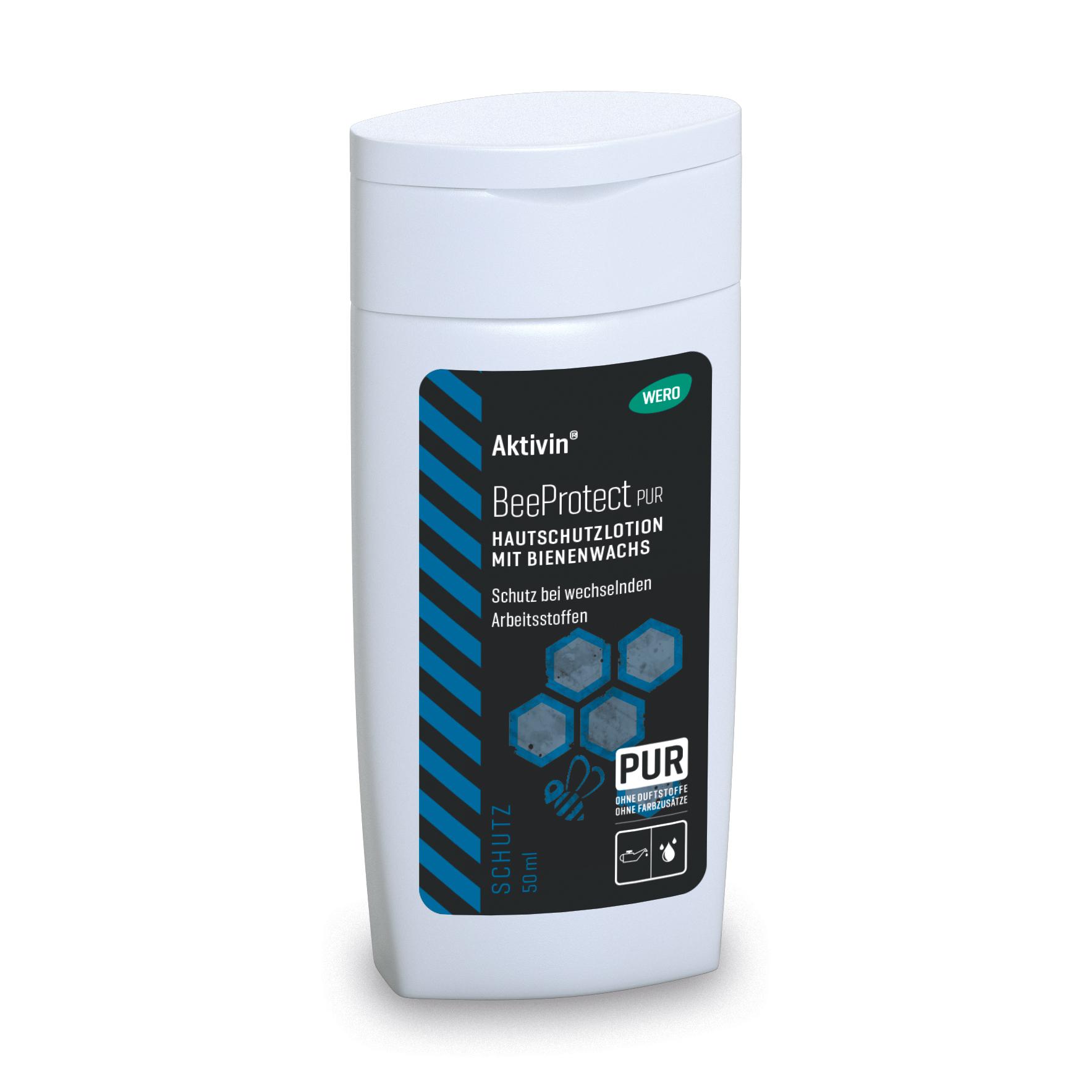 Weiße Flasche Hautschutzlotion Aktivin® BeeProtect PUR mit schwarzem Etikett, 50 ml, parfüm- und farbstofffrei, enthält natürliches Bienenwachs.