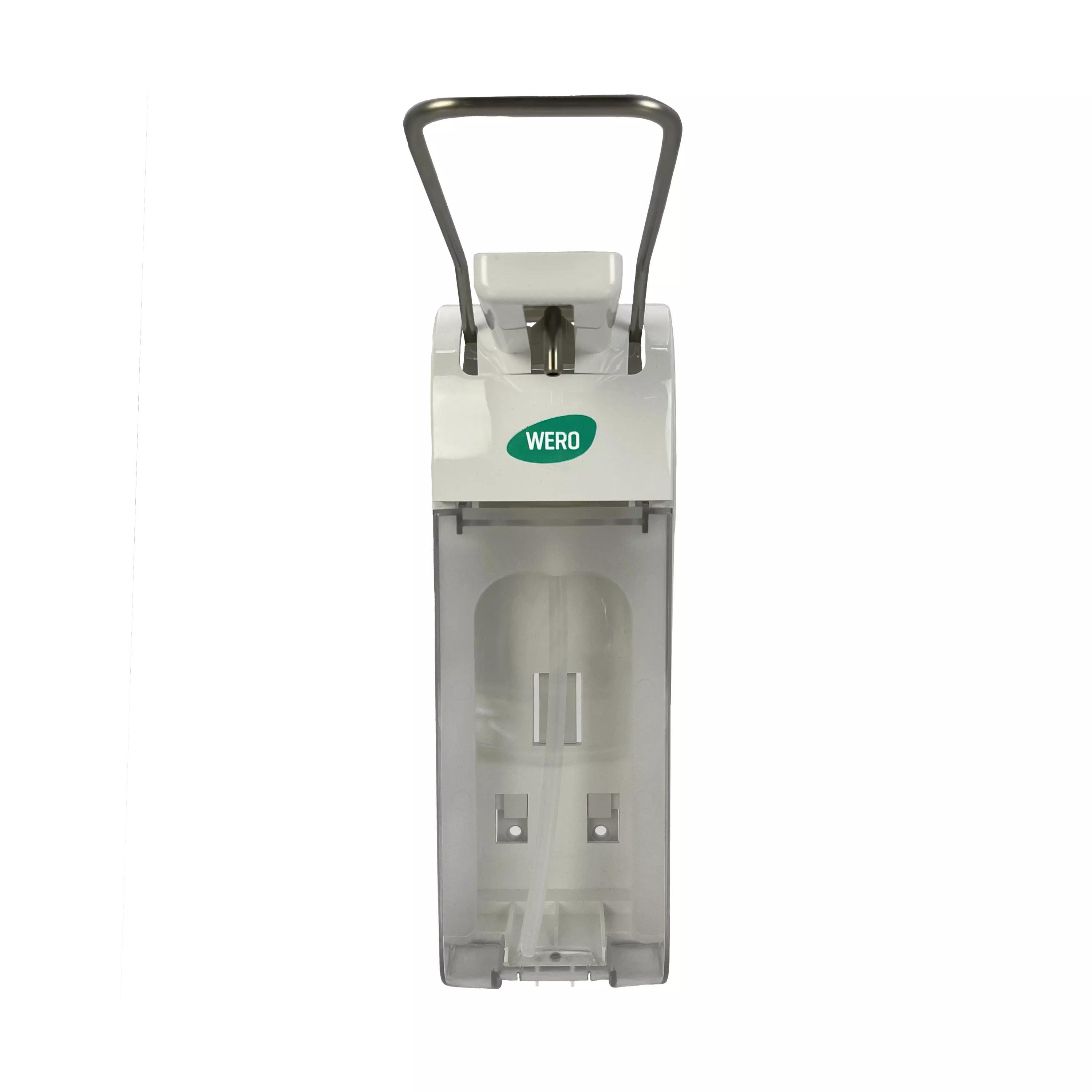 WERO Kunststoff-Direktspender Universal 500 / 1.000 ml mit sichtbarem Reservoir, einstellbarer Dosierung und silberner Ausgabepumpe auf weißem Gehäuse.