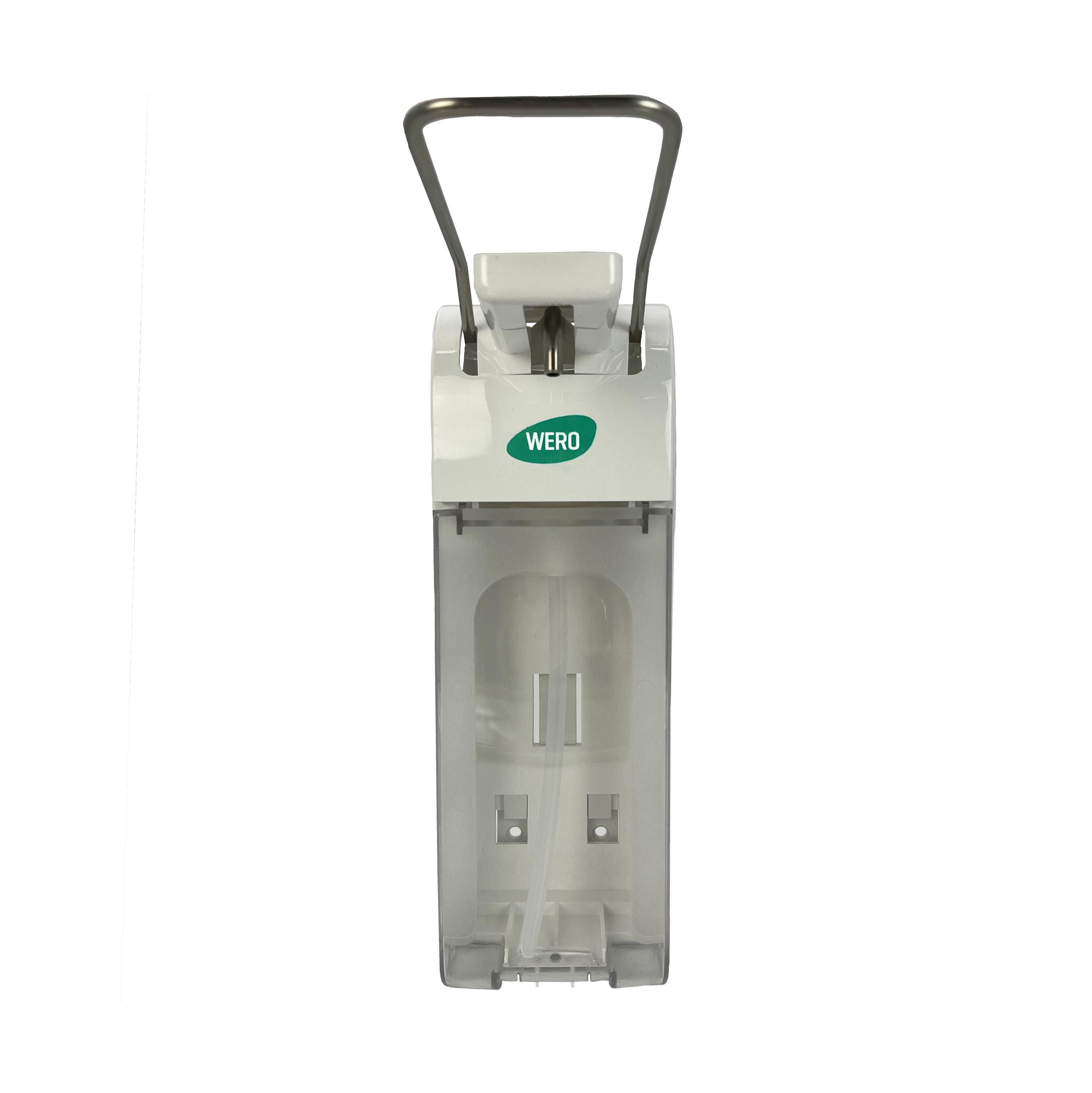 WERO Kunststoff-Direktspender Universal 500 / 1.000 ml mit sichtbarem Reservoir, einstellbarer Dosierung und silberner Ausgabepumpe auf weißem Gehäuse.