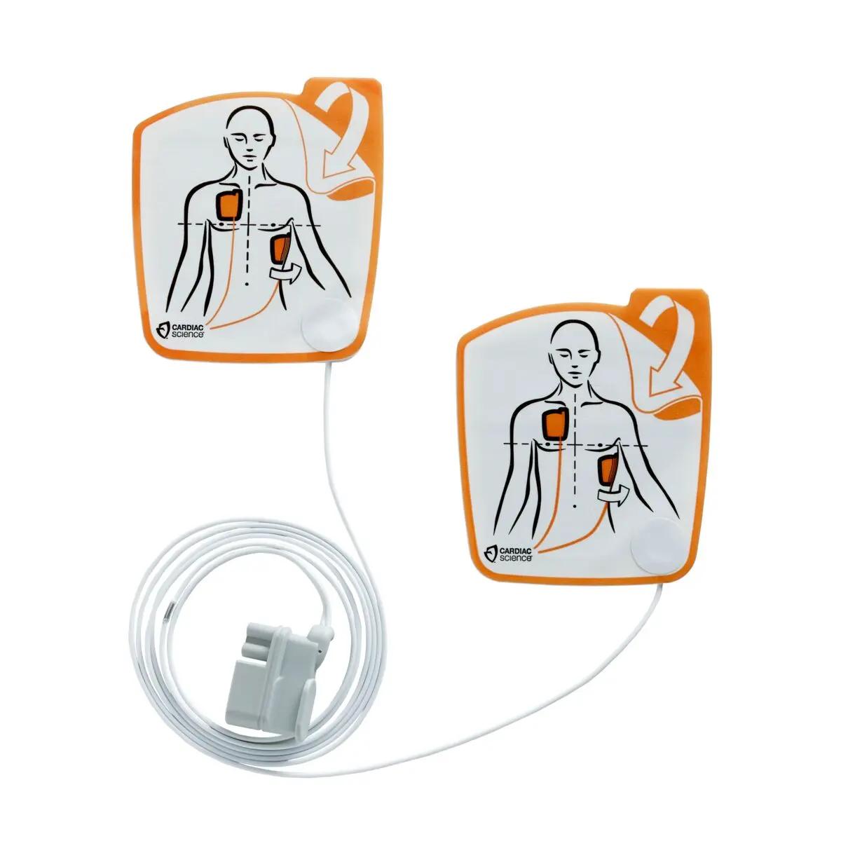 Zwei Cardiac Science Powerheart G5 Elektroden mit leitender Gelschicht, illustriert mit Brustdiagramm und Handposition zur Defibrillation.