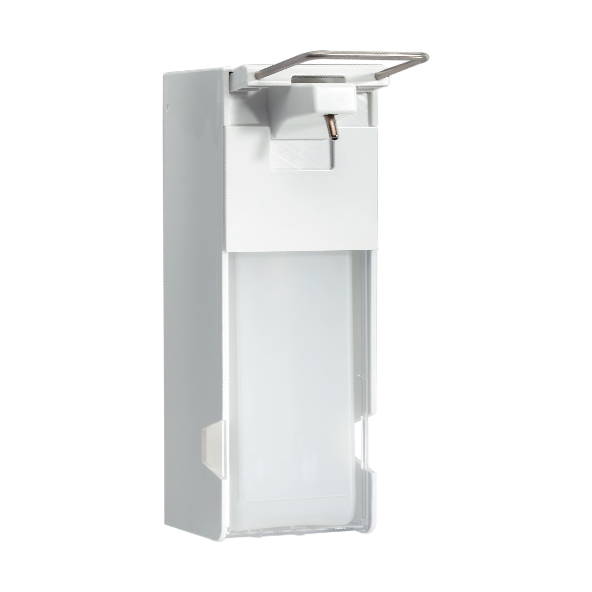 Ein weißer Kunststoff-Direktspender für Flüssigseifen, Lotionen und Desinfektion mit Metallbügel und Frontauslauf ist an einer Wand montiert.