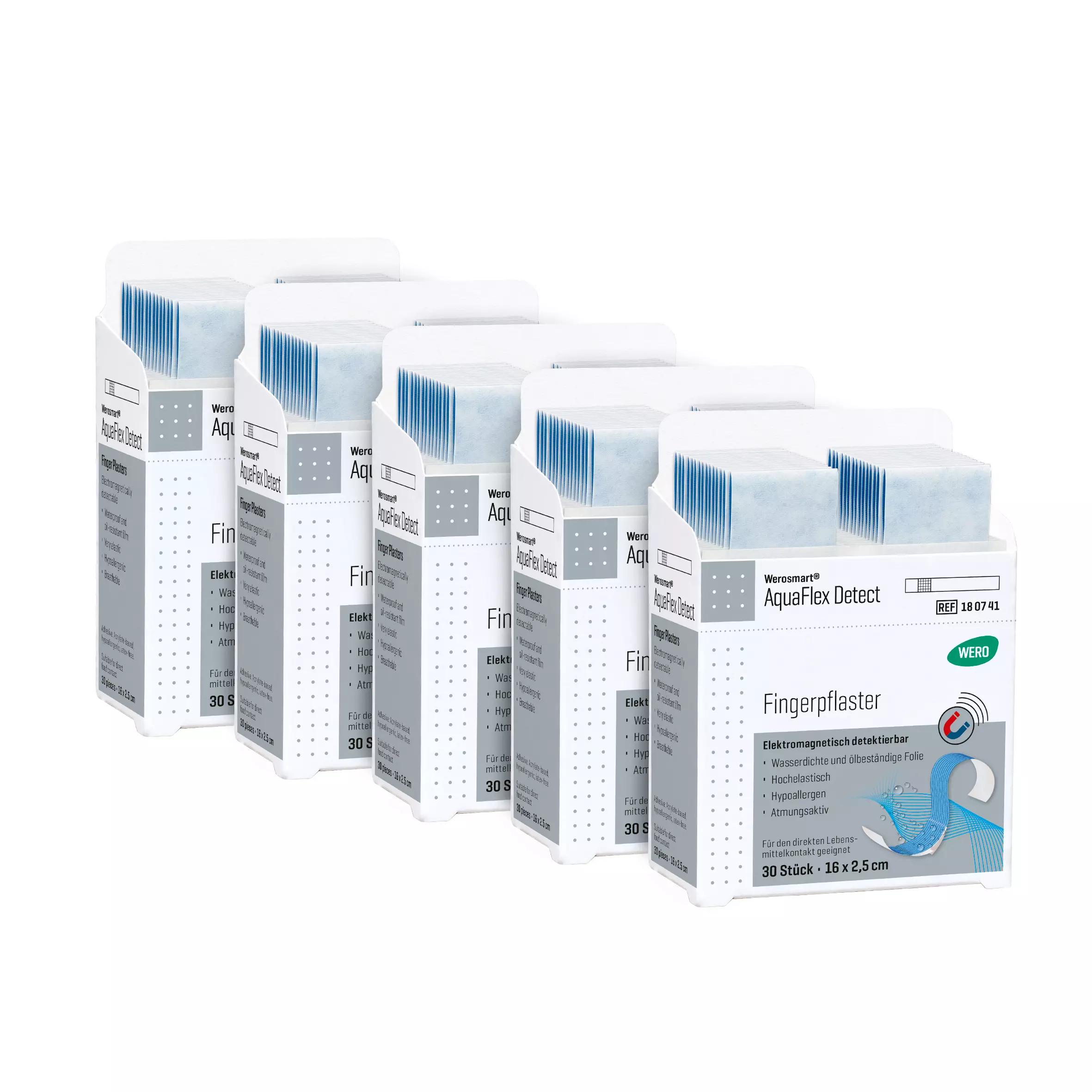 Fünf Werosmart® AquaFlex Detect Pflasterspender-Einsätze Fingerpflaster, 16 cm, in blauen, detektierbaren, wasserdichten Boxen nebeneinander angeordnet.
