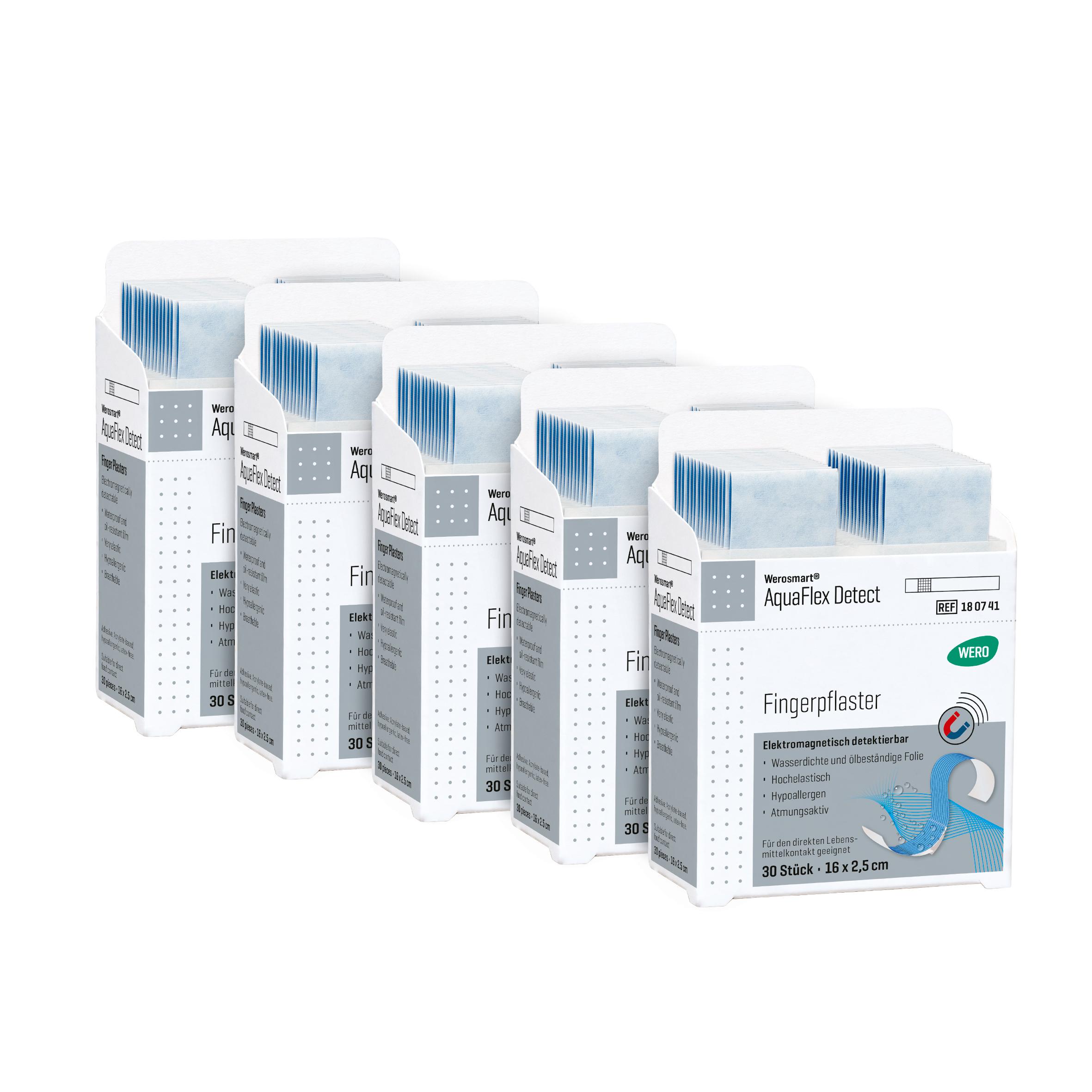 Fünf Werosmart® AquaFlex Detect Pflasterspender-Einsätze Fingerpflaster, 16 cm, in blauen, detektierbaren, wasserdichten Boxen nebeneinander angeordnet.