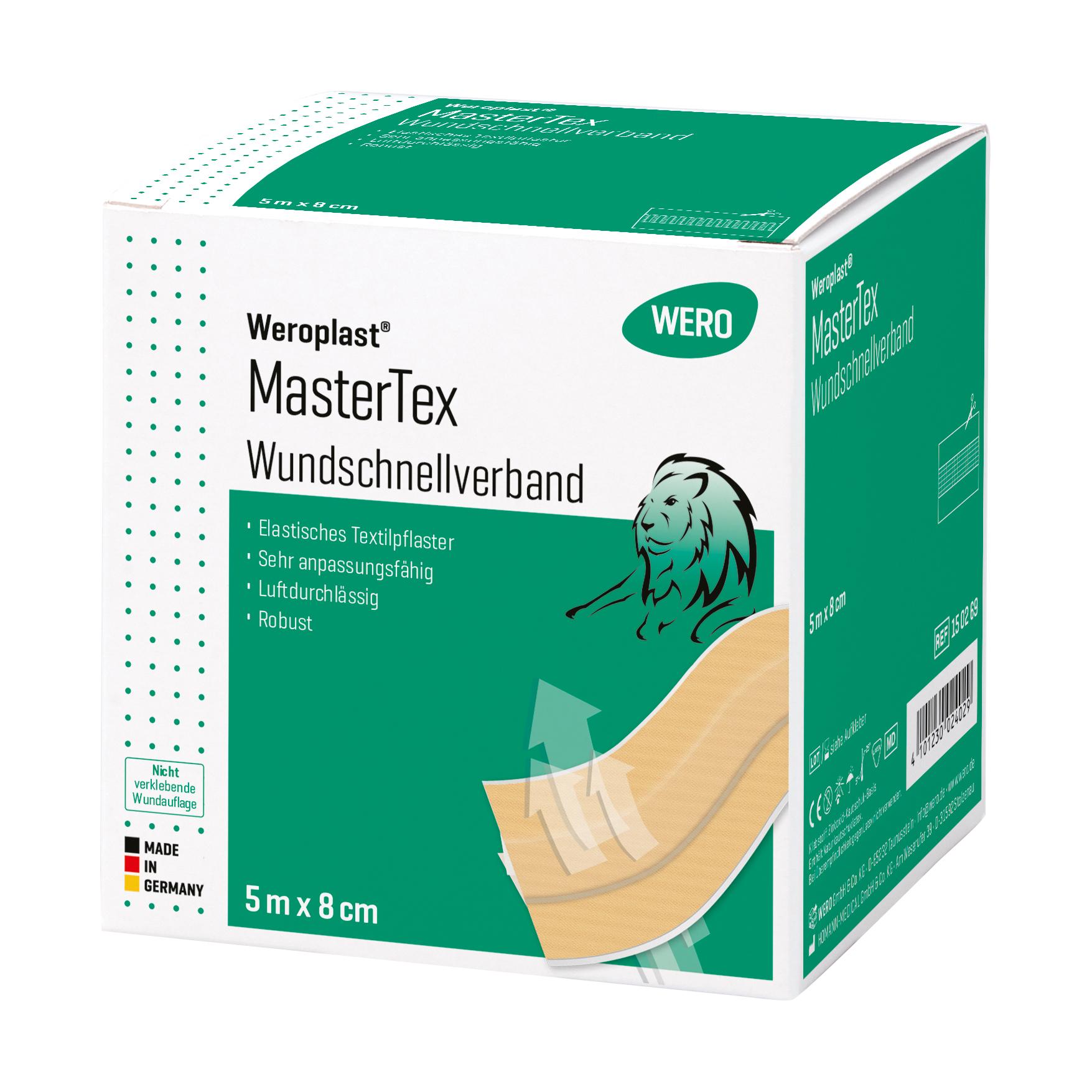 Die Verpackung des Wundschnellverband Weroplast® MasterTex - 8 cm, 5 m zeigt den Produktnamen, ein Löwenmotiv und Angaben zu elastischem Textil.