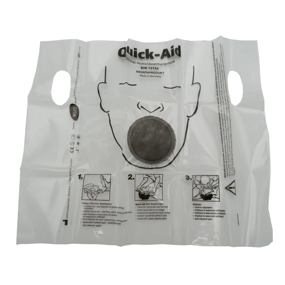 Weiße WERO Quick Aid Einmal-Notfallbeatmungshilfe mit FFP3-Filter, leicht verständlicher Anleitung und zwei runden Aussparungen zur Befestigung.