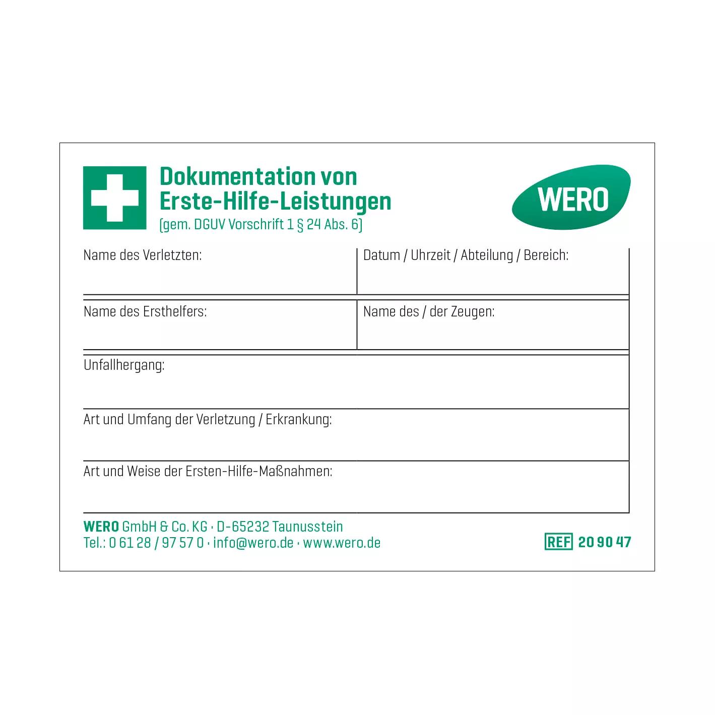 WERO Haftnotizblock zur Dokumentation von Erste Hilfe Leistungen mit grün umrandetem Formular und Feldern für Patientendaten und Unfallhergang.