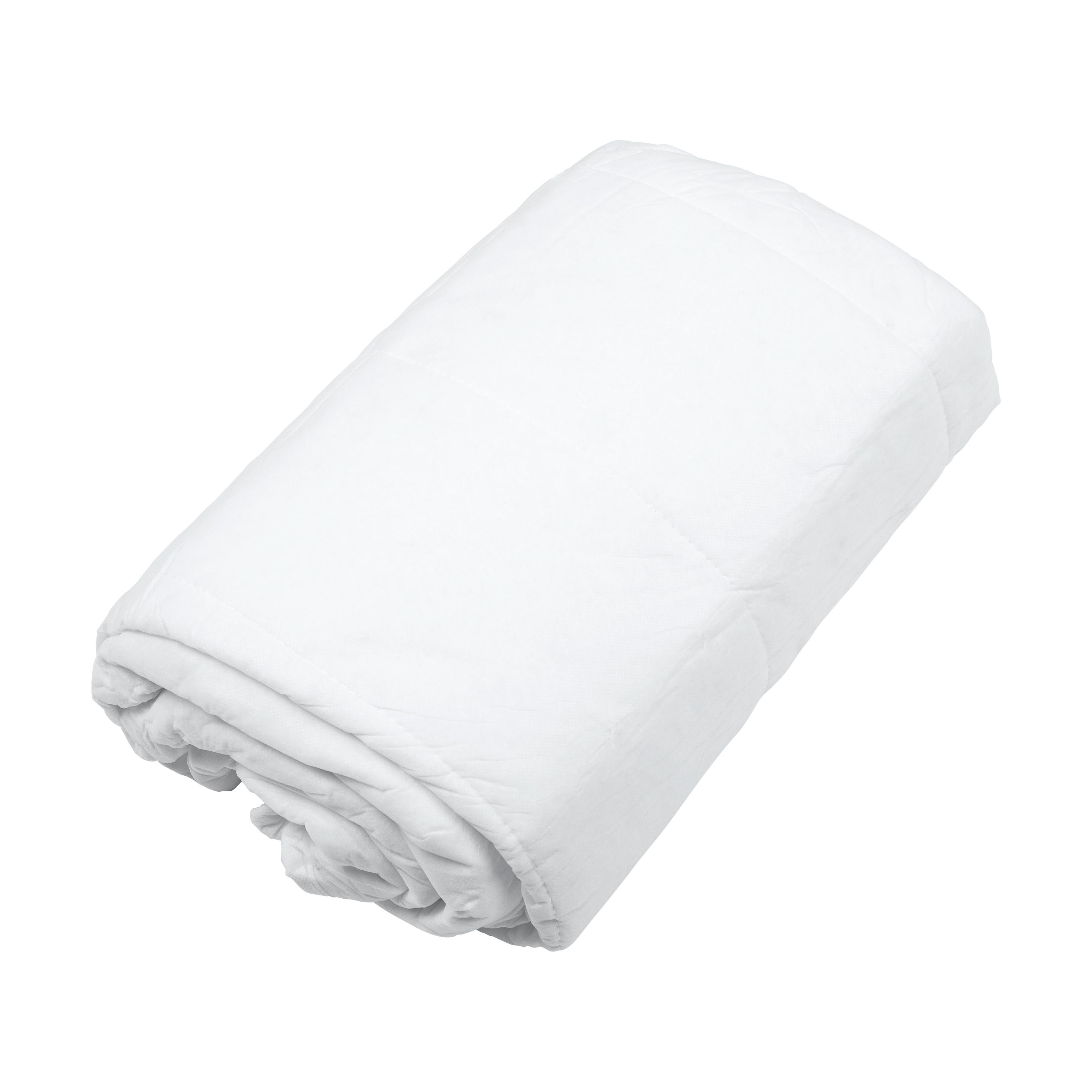 Das Bild zeigt ein rund zusammengelegtes Betten-Set (Einweg) aus weißem, atmungsaktivem PP-Vliesstoff mit weicher Polyesterwatte.