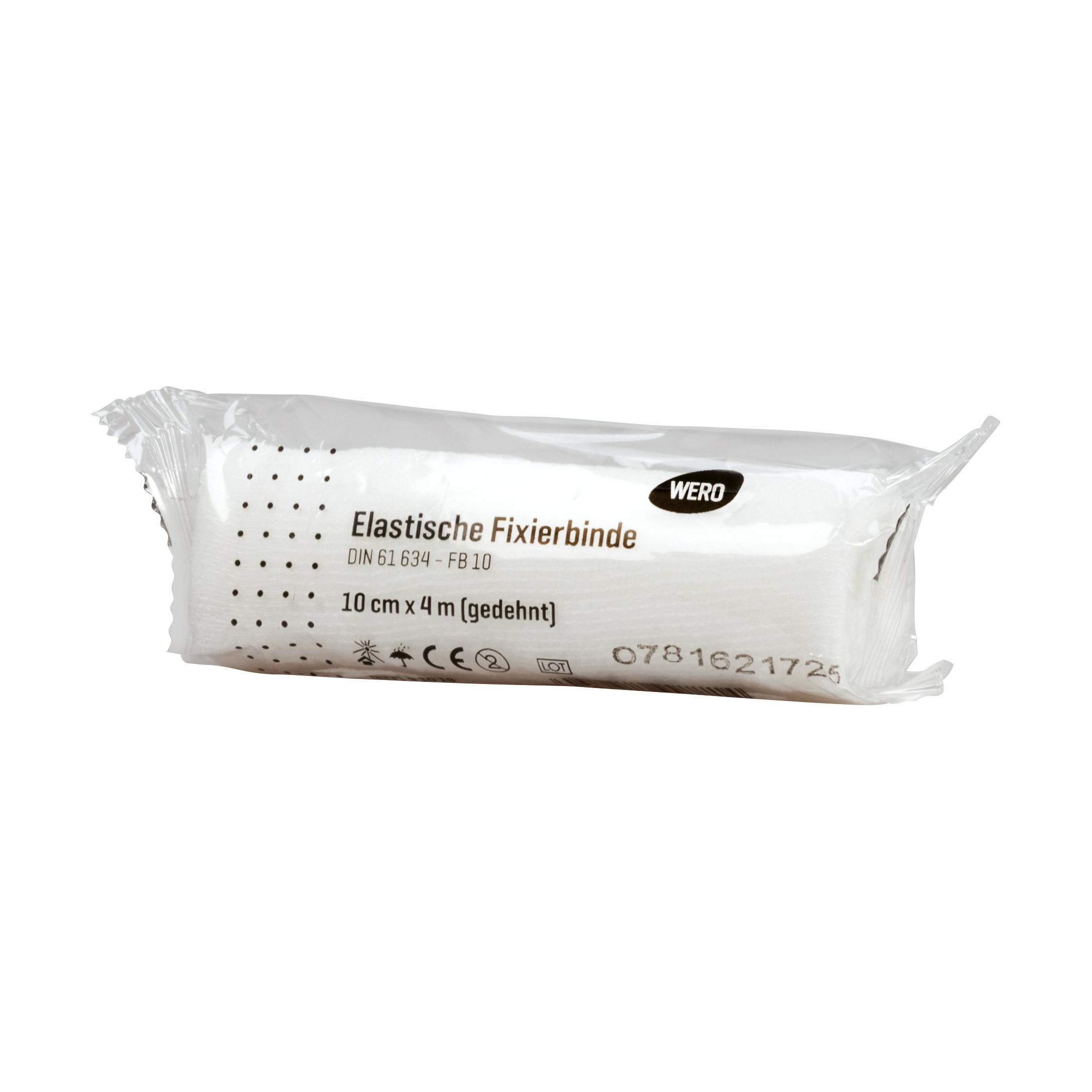 Eine einzeln verpackte Mullbinde Elastische Fixierbinde DIN 61634 - 10 cm, 1 Stk mit weichem, dehnbarem und atmungsaktivem Gewebe in transparenter Verpackung.