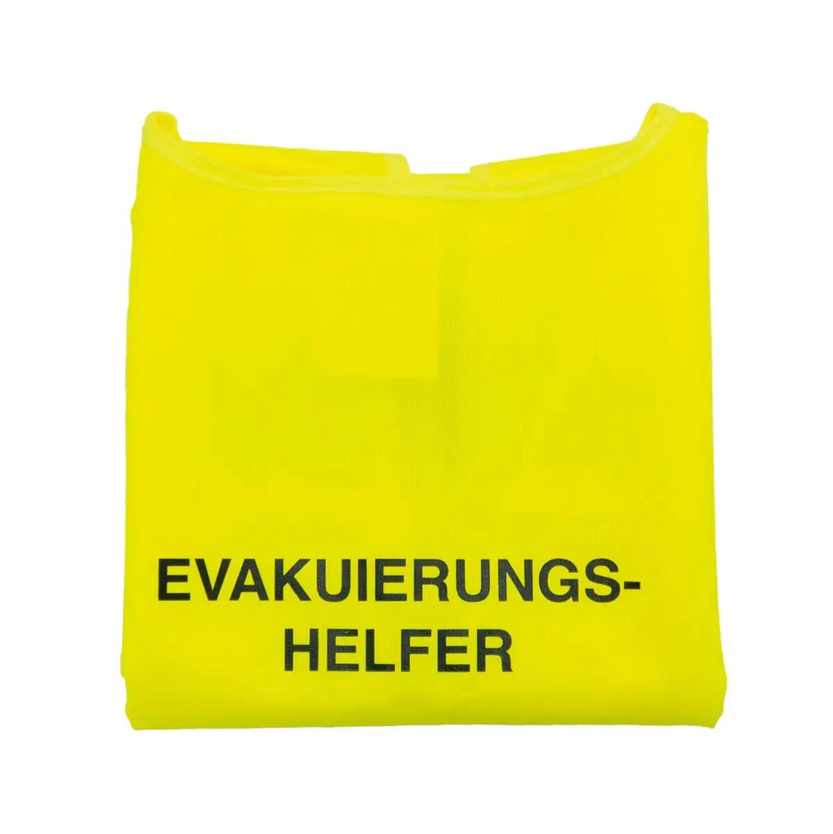 Eine Warnweste für Evakuierungs-Helfer in leuchtendem Gelb mit schwarzer Rückenaufschrift „EVAKUIERUNGS-HELFER“, leichtes Material, breite Reflektorstreifen.