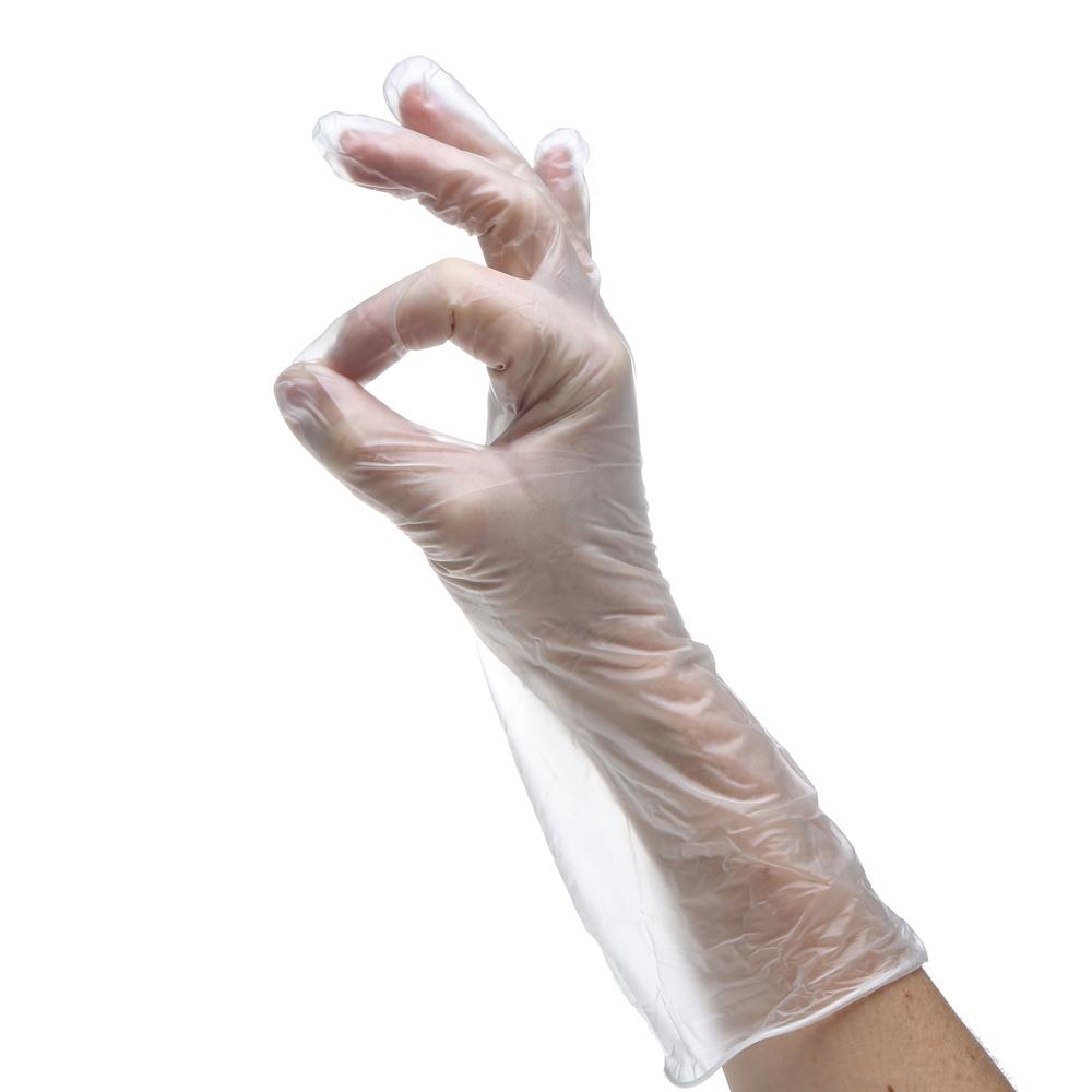 Eine Hand trägt einen Vinyl-Einmalhandschuh ECO-PLUS, 100 Stk - L mit glatter Handfläche, leichter Qualität und beidhändiger Passform und zeigt das OK-Zeichen.