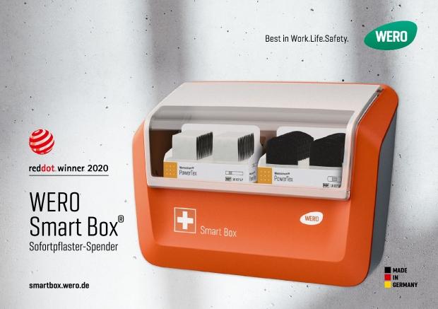 WERO Smart Box Sofortpflaster-Spender mit Sichtfenster, rotem Kreuz, Red Dot Winner 2020 Logo und Aufschrift „Best in Work. Life. Safety.“