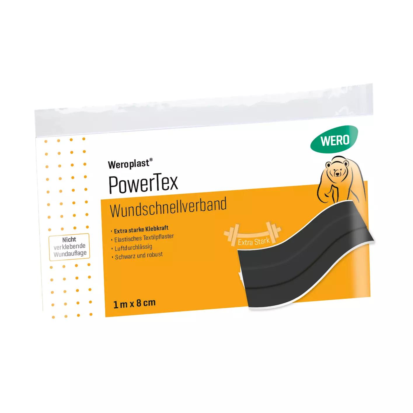 Rechteckige Verpackung vom Wundschnellverband Weroplast® PowerTex, orange mit Bärenmotiv, zeigt Größe 8 cm x 1 m und betont extra starke Klebkraft.