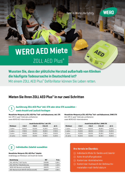 Zwei Personen in Warnwesten führen eine Notfallversorgung durch; ein gelber Defibrillator ZOLL AED Plus® liegt griffbereit am Boden.