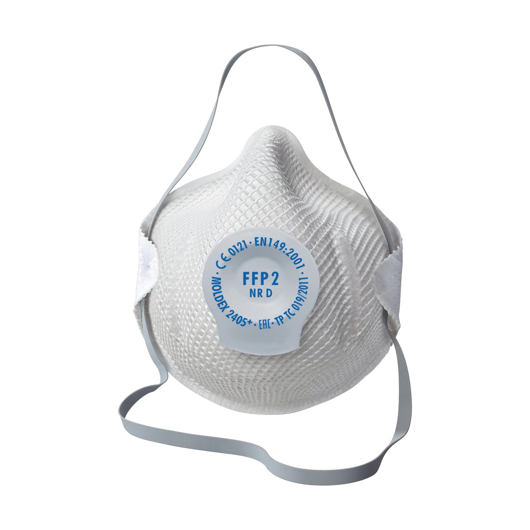 Weiße MOLDEX Atemschutzmasken, 20 Stk - FFP2 mit DuraMesh® Struktur, Ventil und grauer Rundumbebänderung, geprüft nach EN149-2001 CE 0121.