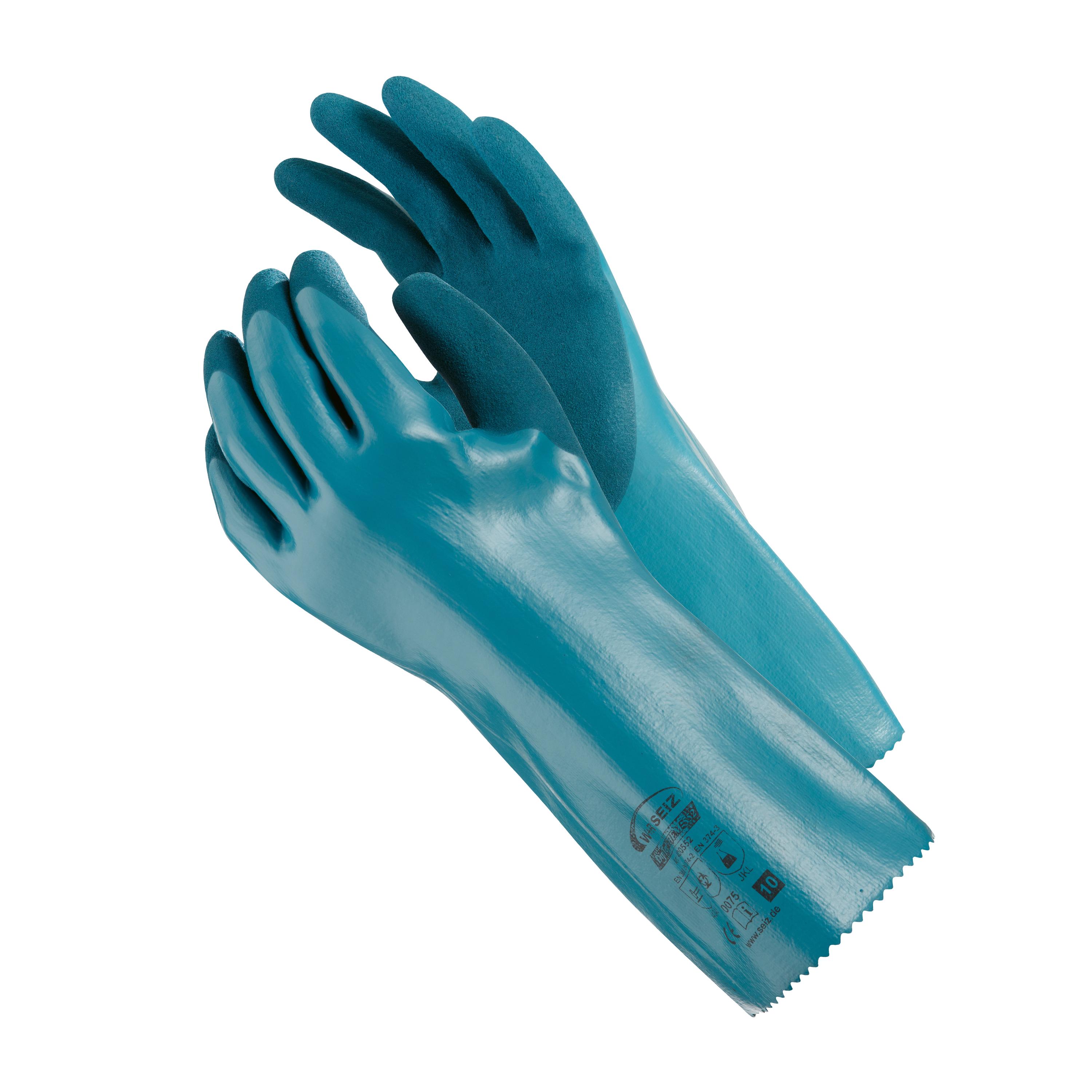 Zwei tealfarbene Chemikalienschutzhandschuhe Diptex Chem 552 - CUT D mit texturierter Oberfläche, sichtbarem Logo und langem Schaft liegen nebeneinander.