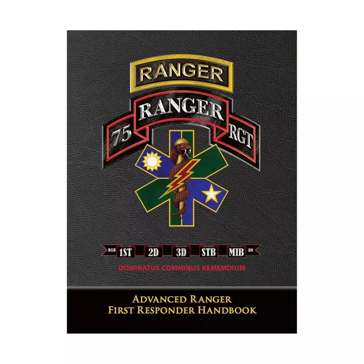 Schwarzer Einband des Advanced Ranger First Responder Handbook mit Ranger Corps Logo, goldener 75, blauer Stern und Einheitenangaben in Weiß.