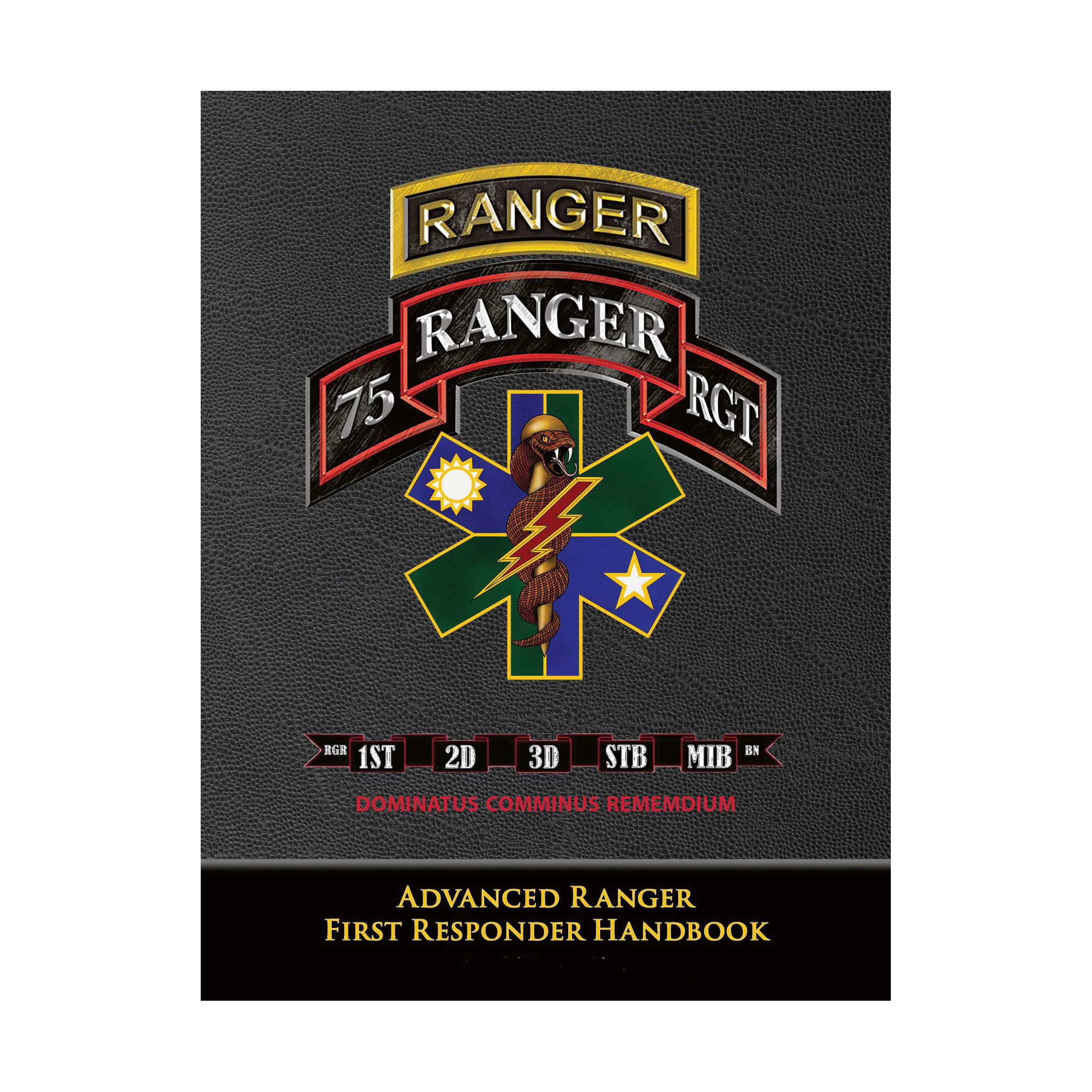 Schwarzer Einband des Advanced Ranger First Responder Handbook mit Ranger Corps Logo, goldener 75, blauer Stern und Einheitenangaben in Weiß.