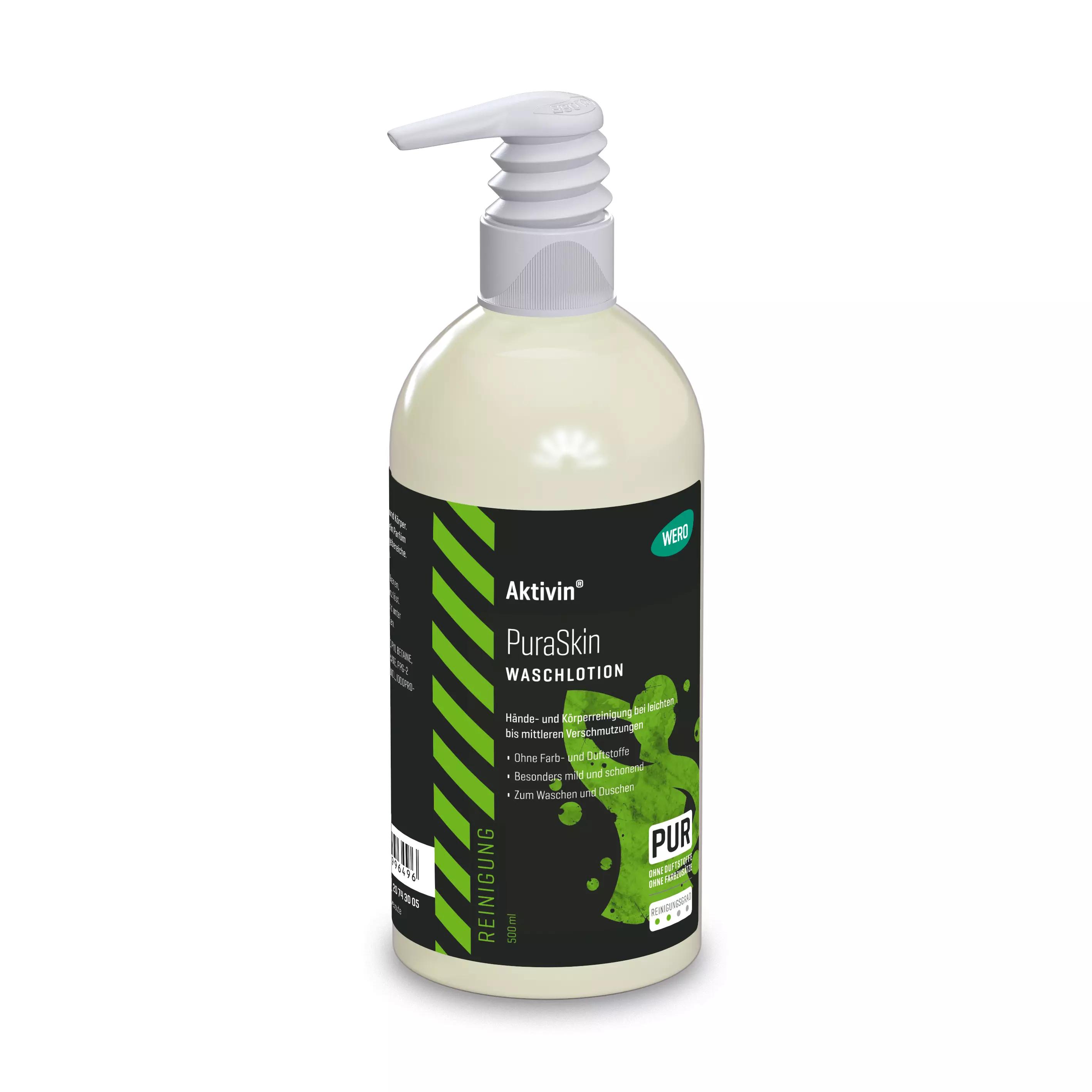 Eine 500 ml Dispenserflasche Waschlotion Aktivin® PuraSkin mit weißem Pumpspender, parfüm- und farbstofffrei für Hände und Körper.