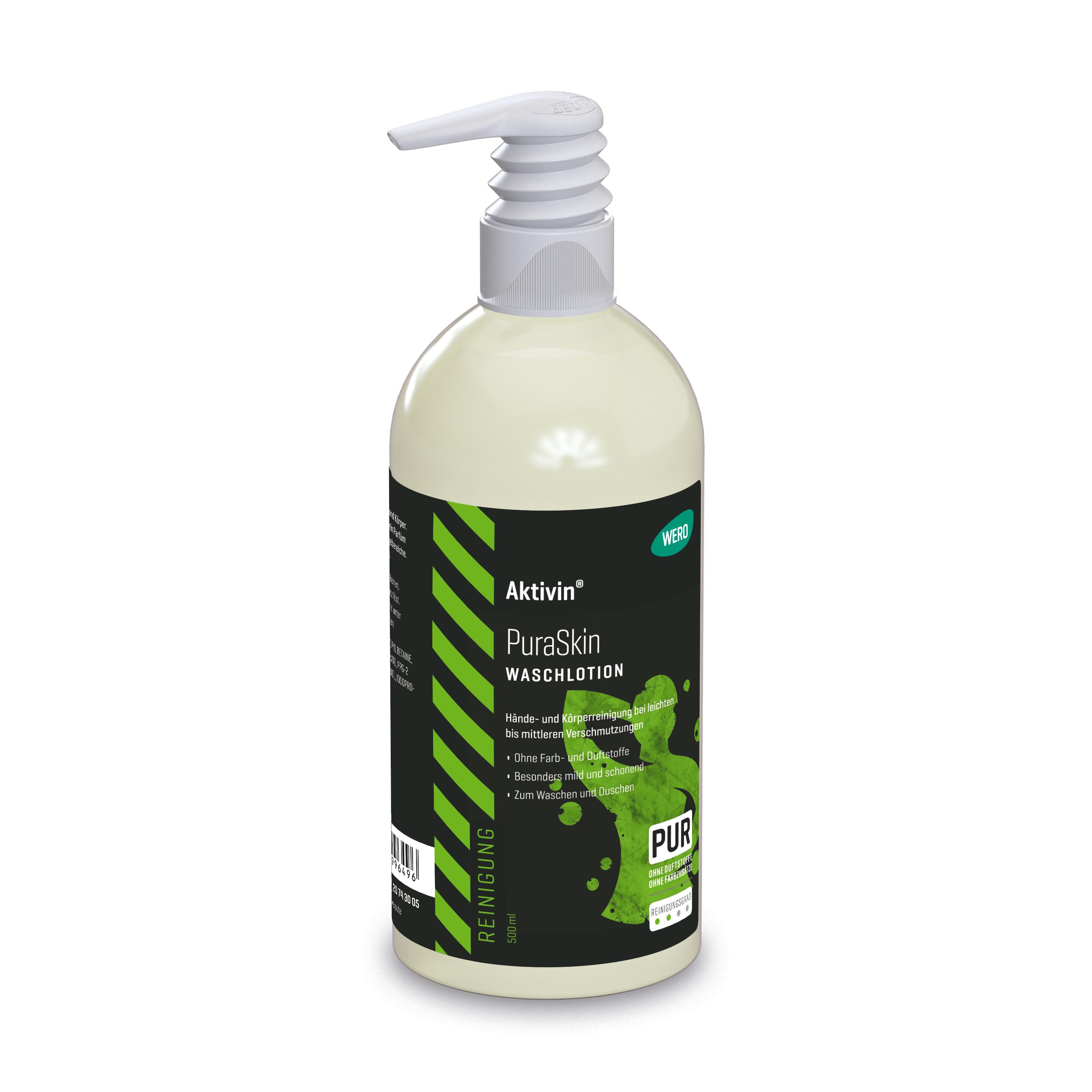 Eine 500 ml Dispenserflasche Waschlotion Aktivin® PuraSkin mit weißem Pumpspender, parfüm- und farbstofffrei für Hände und Körper.