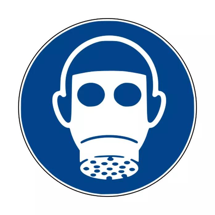 Blaues Schild mit weißem Kreis zeigt weißen Kopf mit Gasmaske; Gebotszeichen: Atemschutz benutzen - Folie, aus Kunststoff PVC, Ø 200 mm.