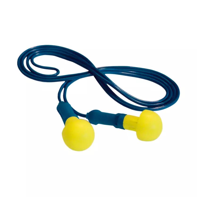 Zwei gelbe Gehörschutzstöpsel 3M™ E-A-R™ Push-In™ mit blauer Kordel und Kunststoffstiel liegen nebeneinander aufgewickelt.