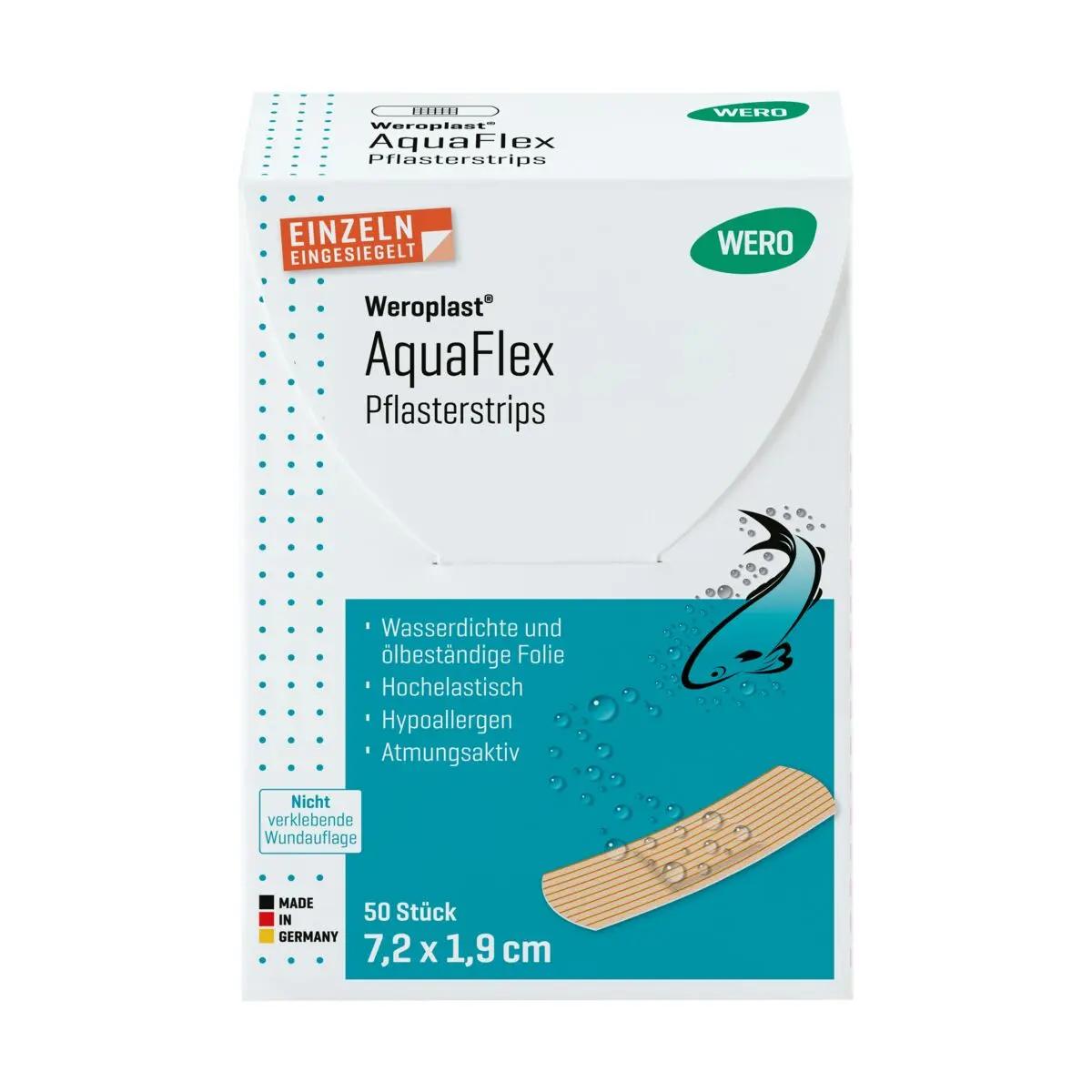Weiße Verpackung der Pflasterstrips Weroplast® AquaFlex mit Fisch-Grafik, Hinweis auf Wasserdichtigkeit, Superelastizität und Flexibilität.